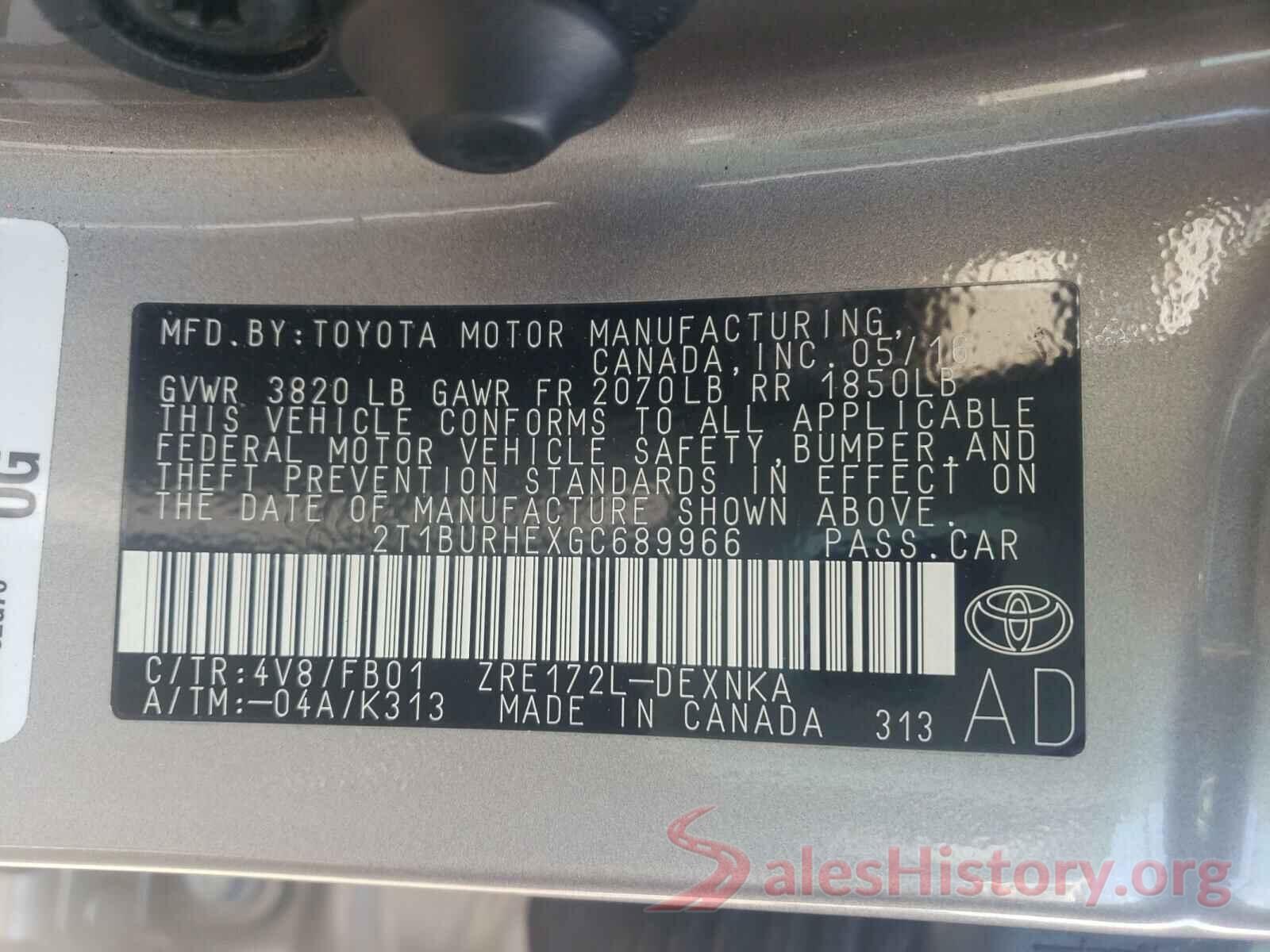 2T1BURHEXGC689966 2016 TOYOTA COROLLA