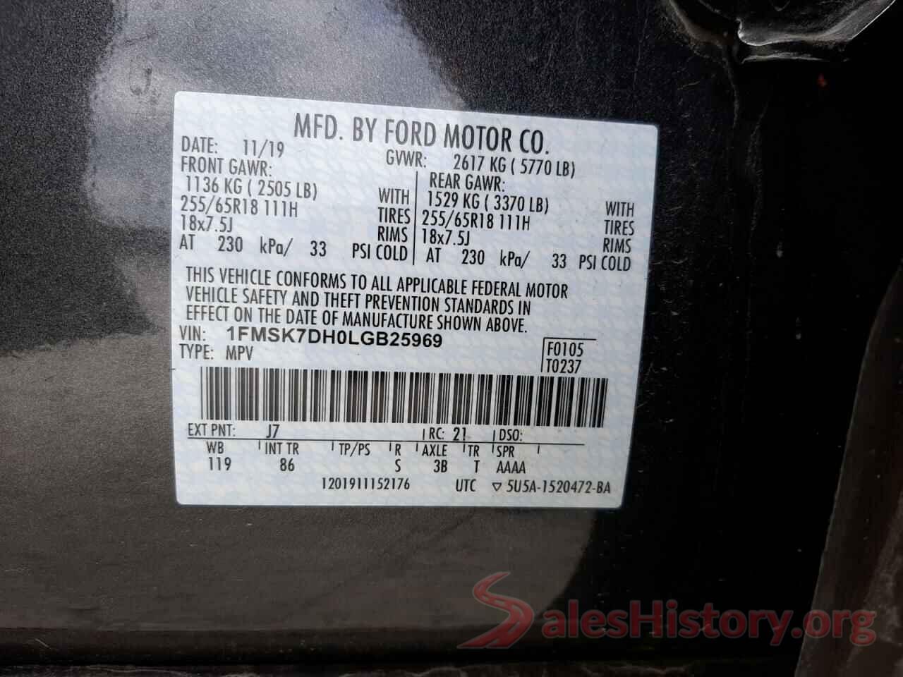 1FMSK7DH0LGB25969 2020 FORD EXPLORER