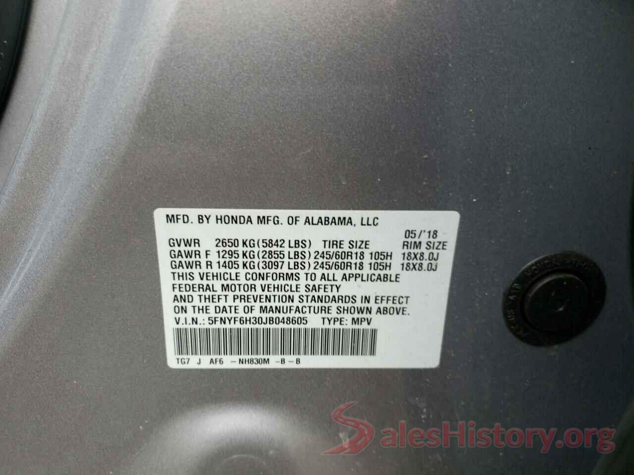 5FNYF6H30JB048605 2018 HONDA PILOT