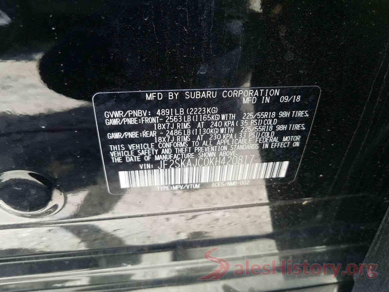 JF2SKAJC0KH420817 2019 SUBARU FORESTER