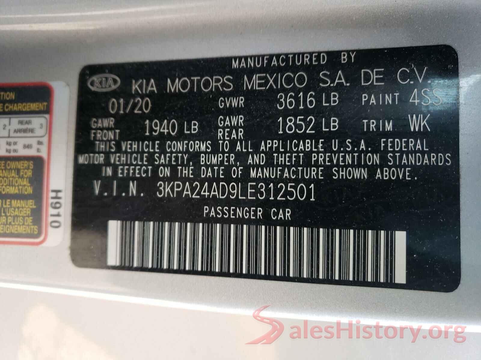 3KPA24AD9LE312501 2020 KIA RIO