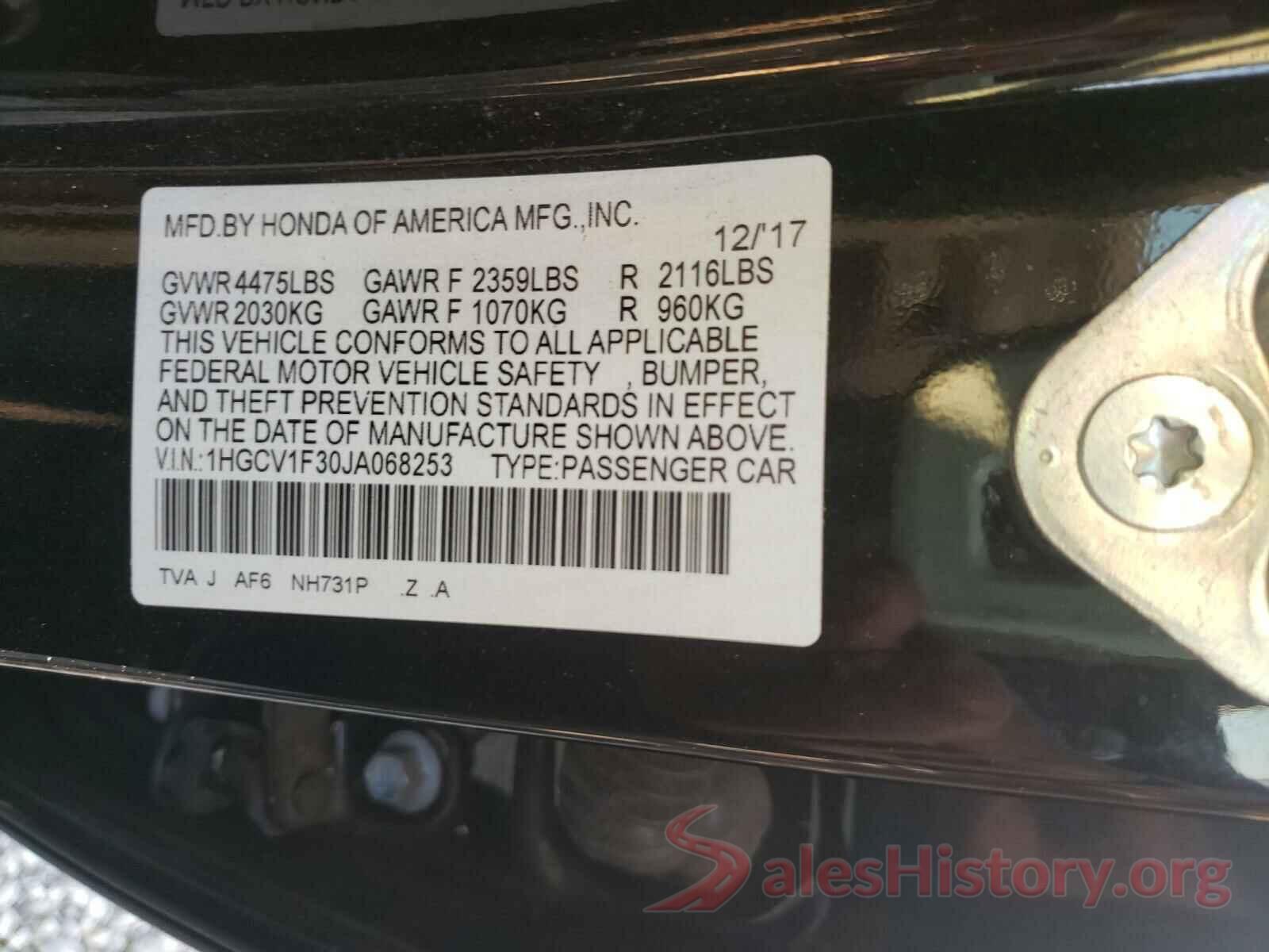 1HGCV1F30JA068253 2018 HONDA ACCORD