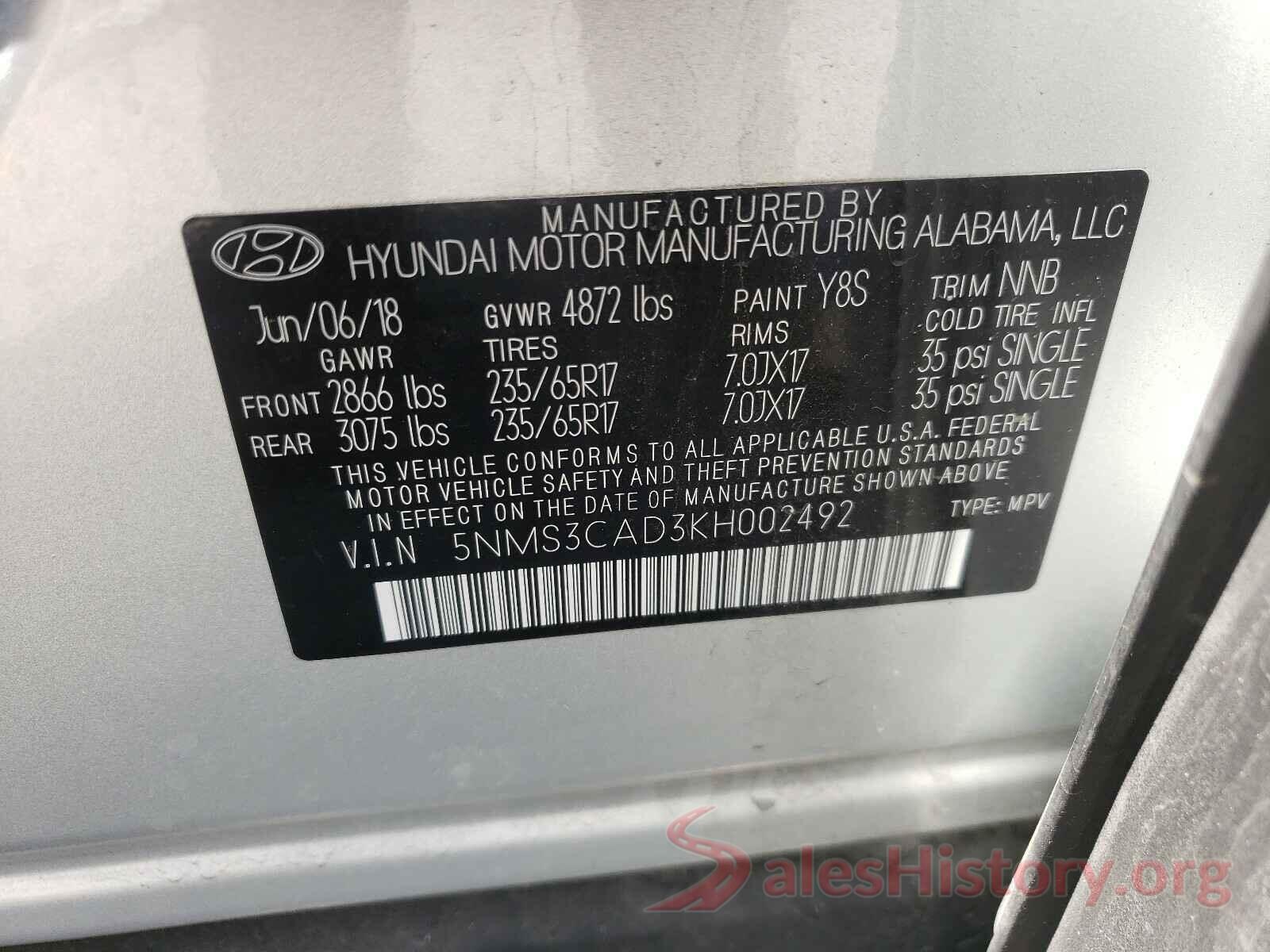 5NMS3CAD3KH002492 2019 HYUNDAI SANTA FE