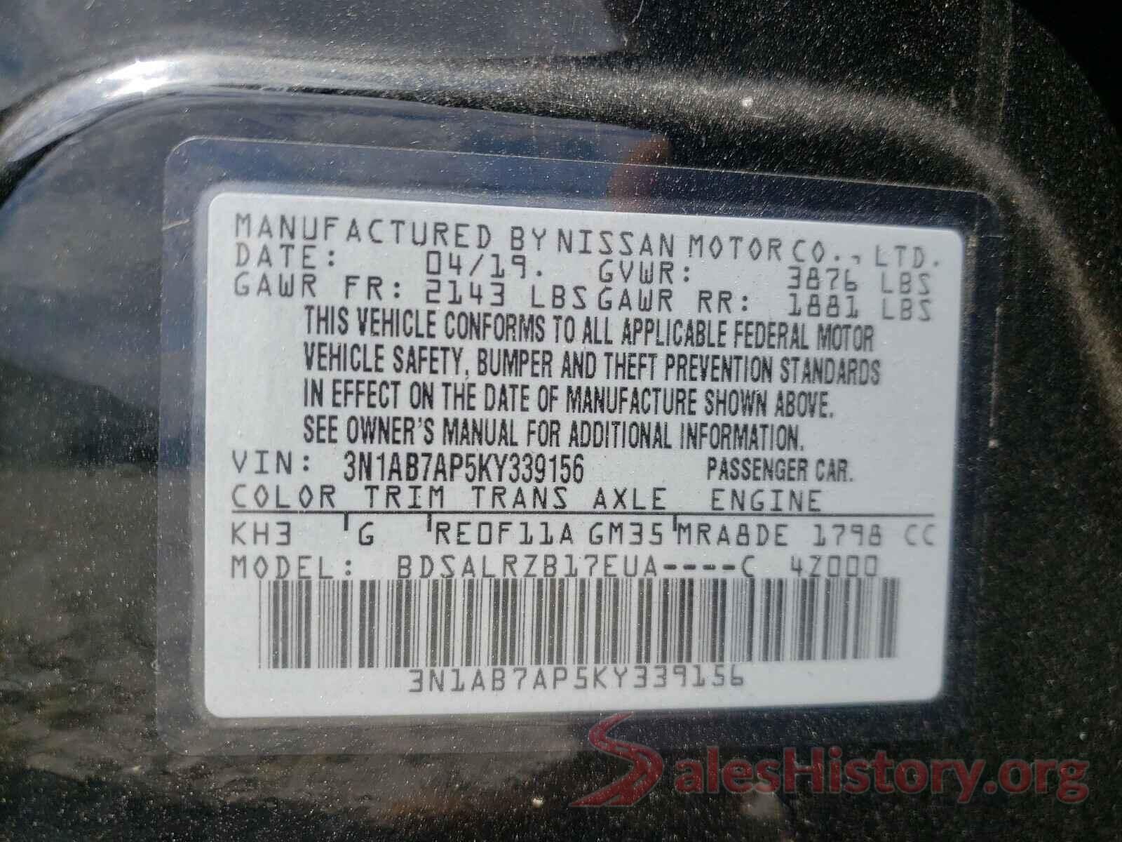 3N1AB7AP5KY339156 2019 NISSAN SENTRA