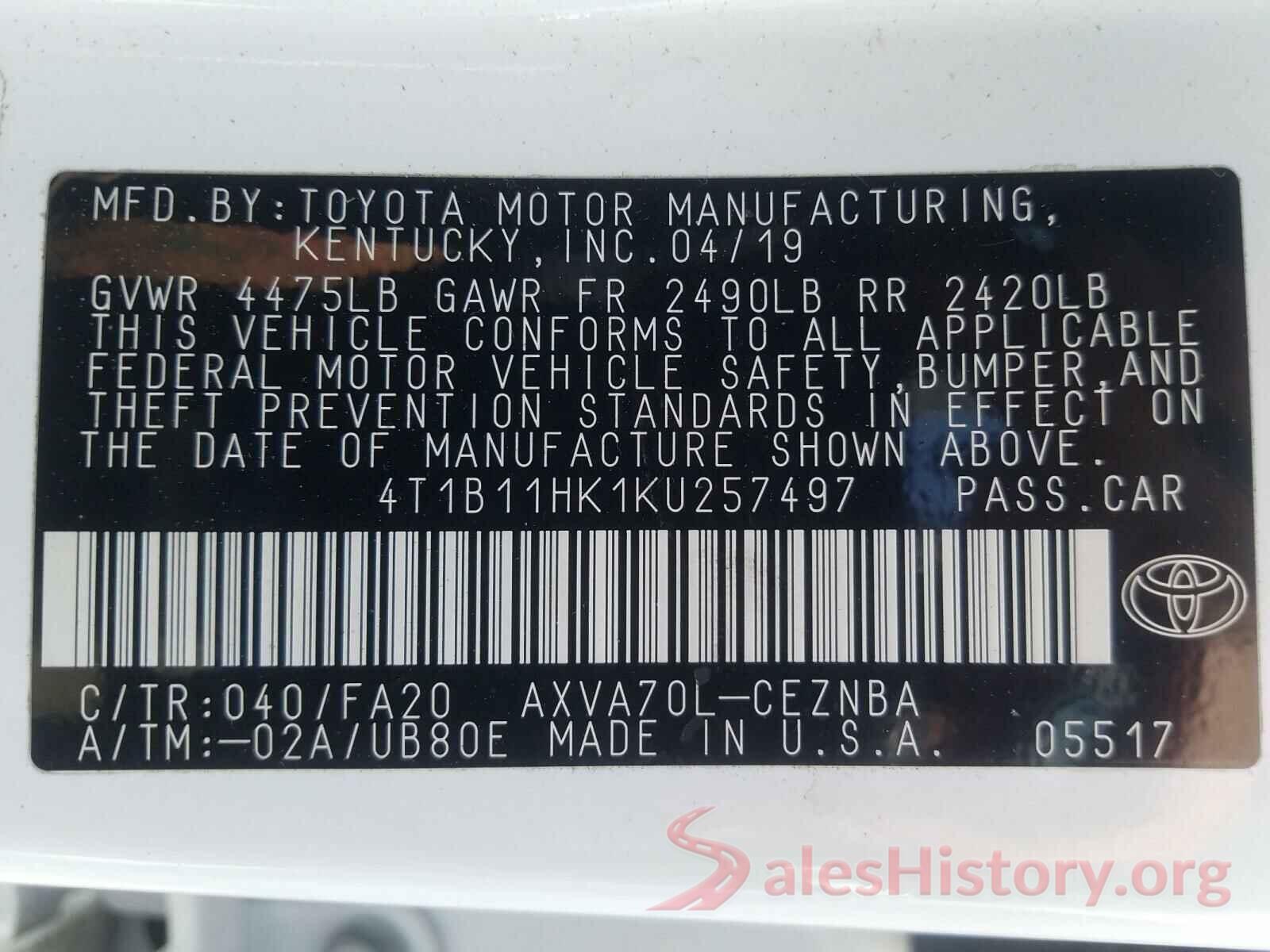 4T1B11HK1KU257497 2019 TOYOTA CAMRY