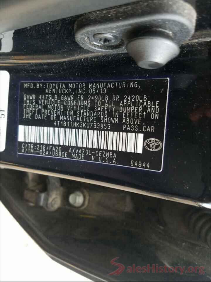 4T1B11HK3KU793853 2019 TOYOTA CAMRY