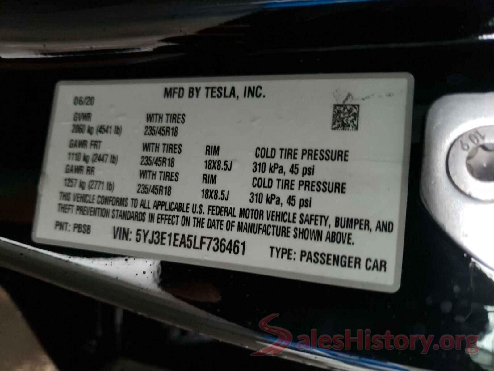 5YJ3E1EA5LF736461 2020 TESLA MODEL 3