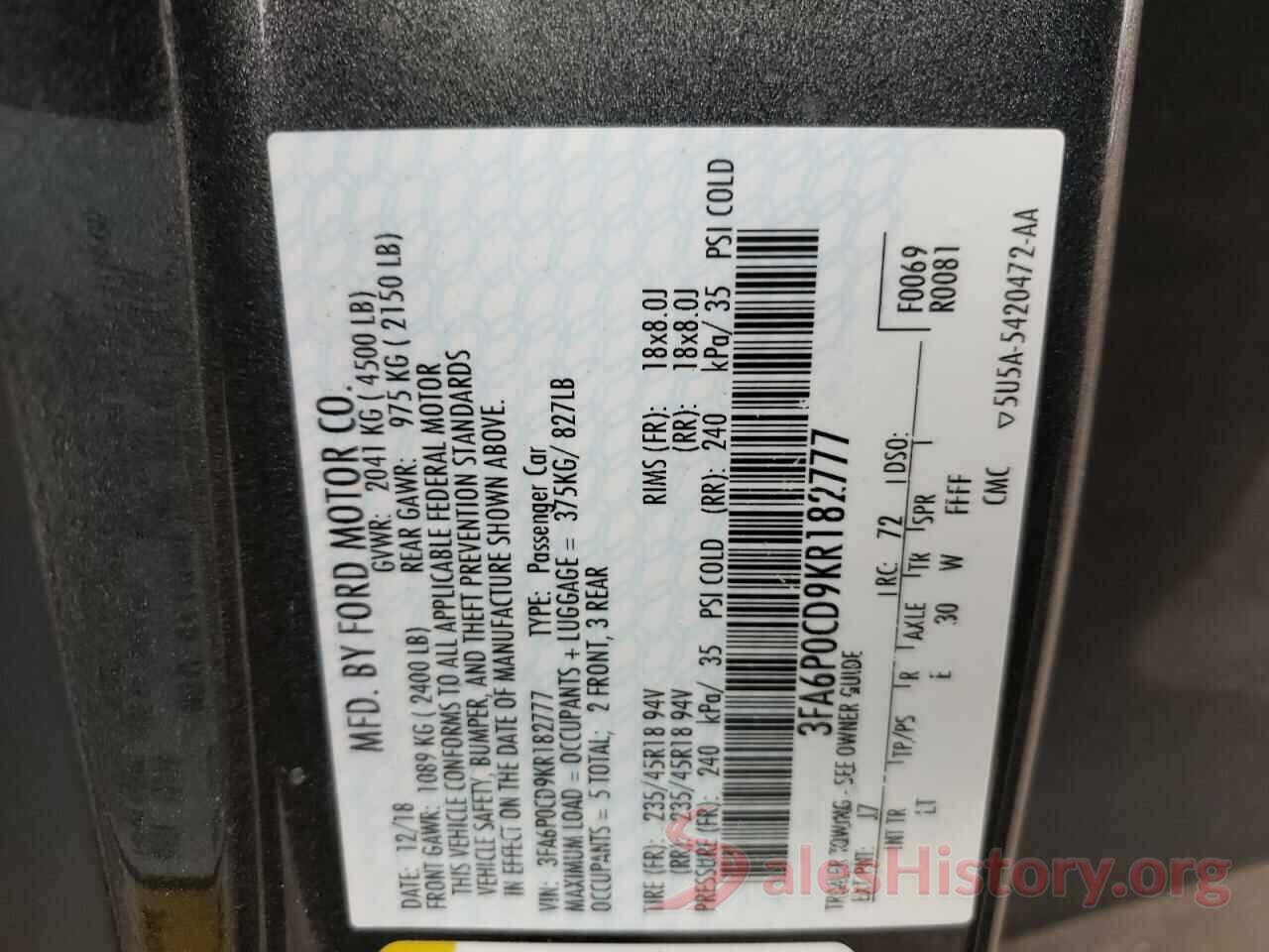 3FA6P0CD9KR182777 2019 FORD FUSION