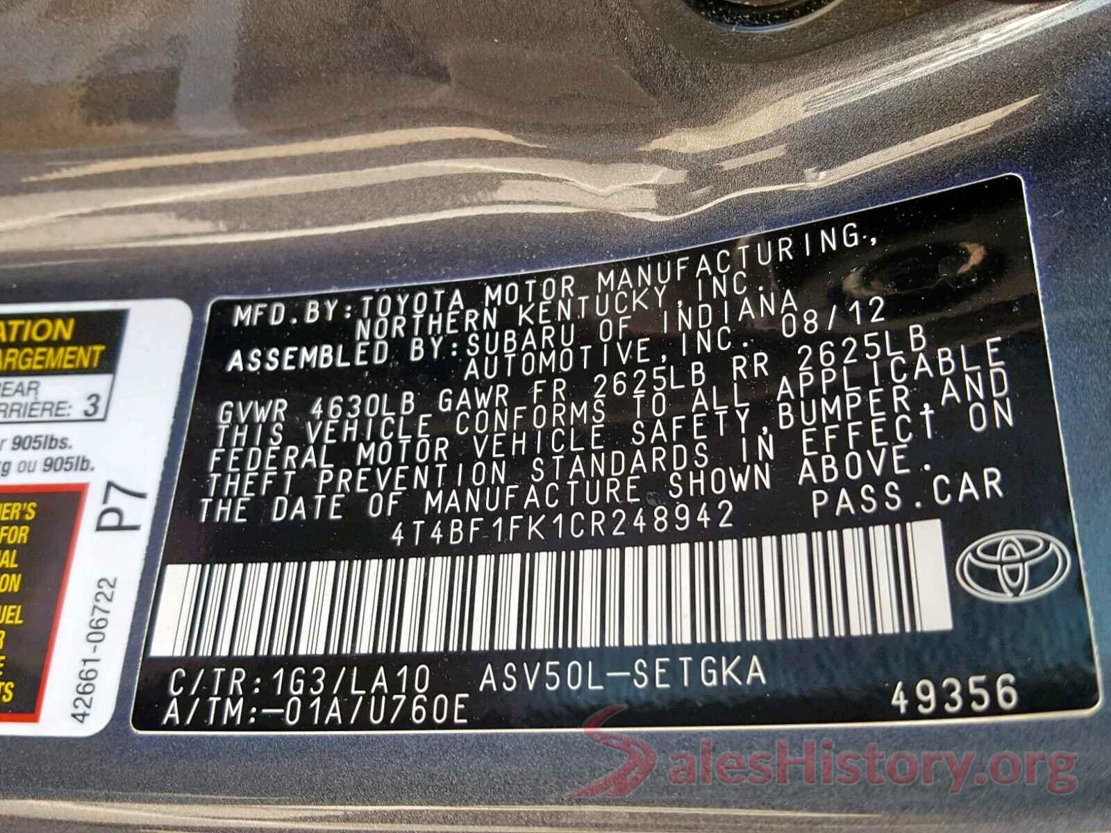 4T4BF1FK1CR248942 2012 TOYOTA CAMRY BASE