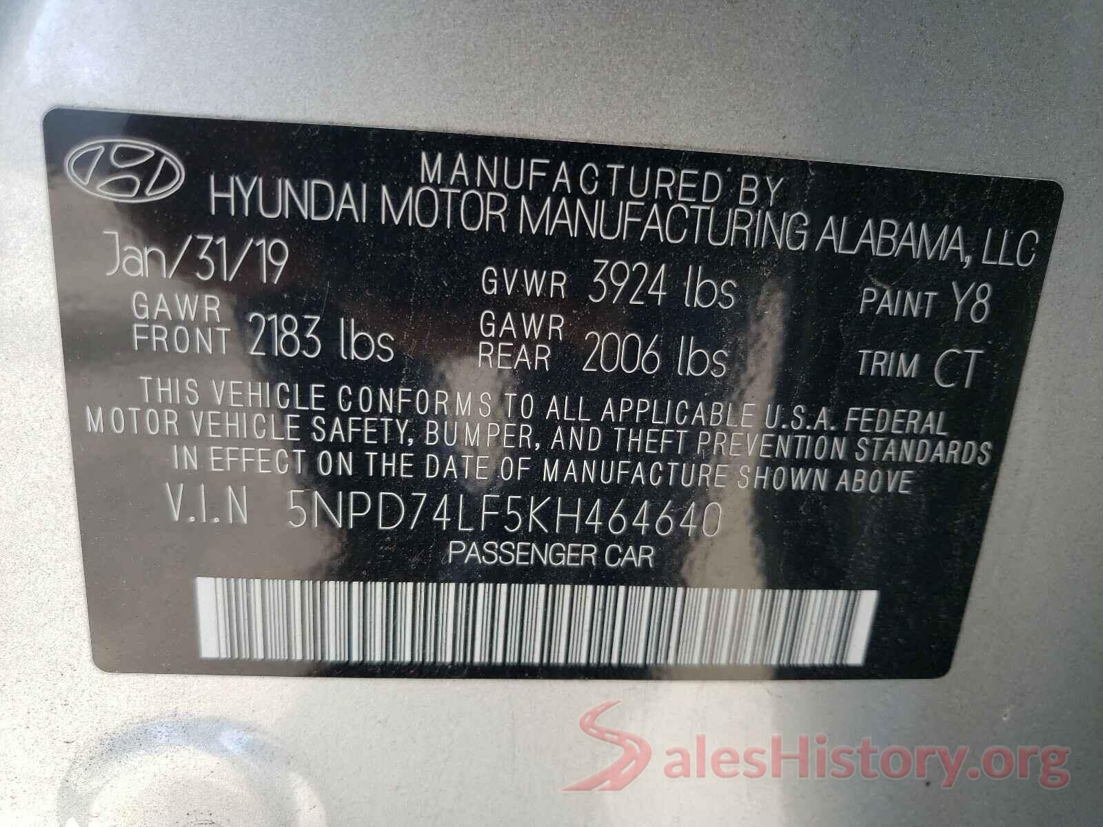 5NPD74LF5KH464640 2019 HYUNDAI ELANTRA