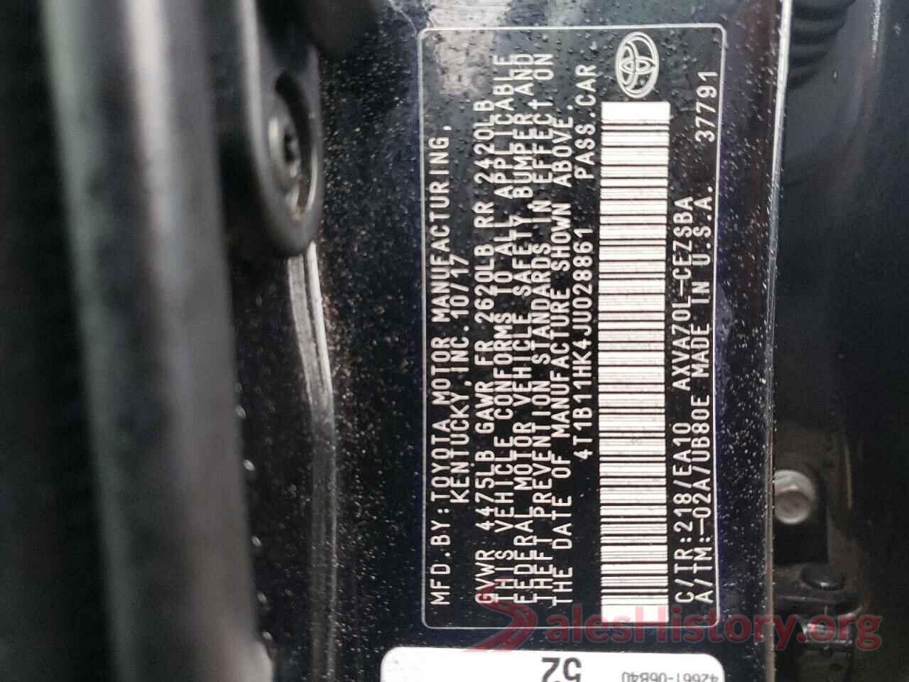 4T1B11HK4JU028861 2018 TOYOTA CAMRY