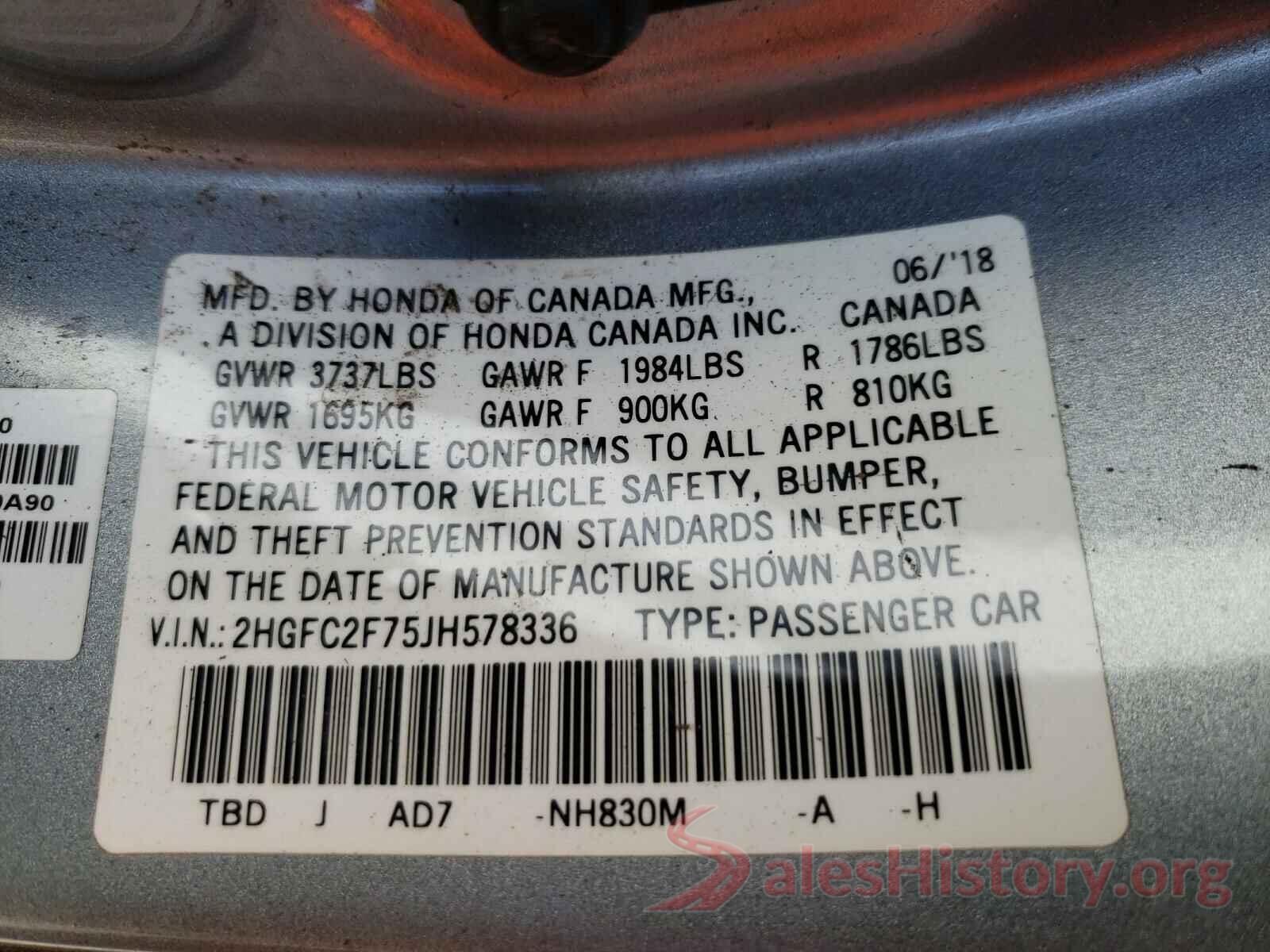 2HGFC2F75JH578336 2018 HONDA CIVIC