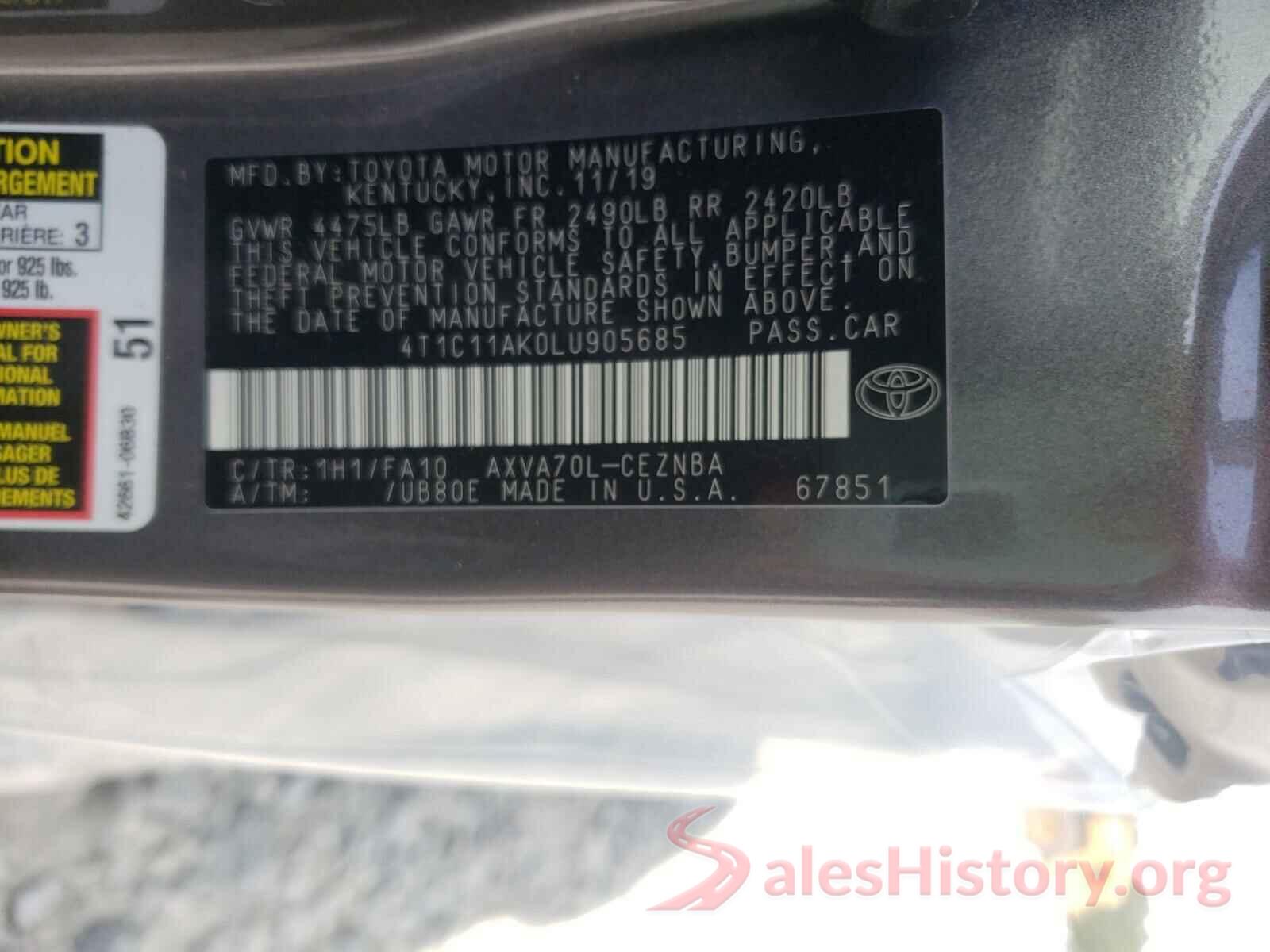 4T1C11AK0LU905685 2020 TOYOTA CAMRY