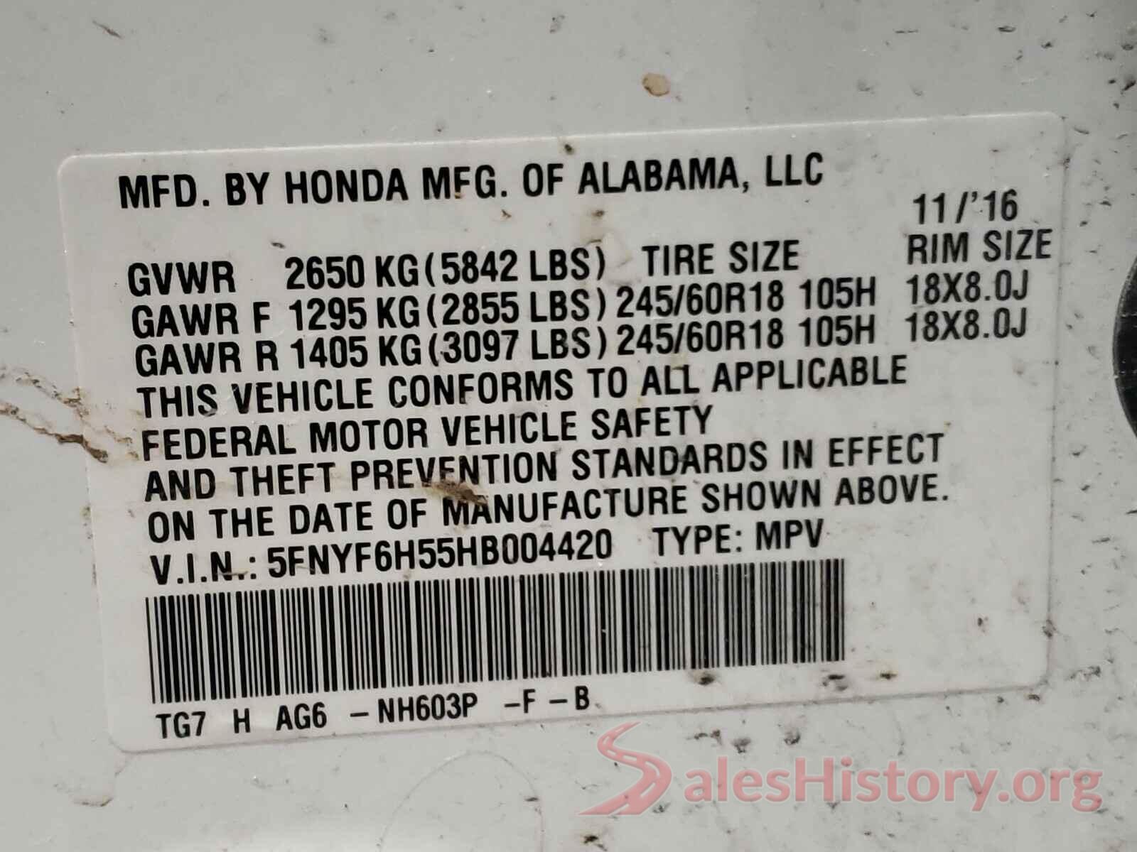 5FNYF6H55HB004420 2017 HONDA PILOT