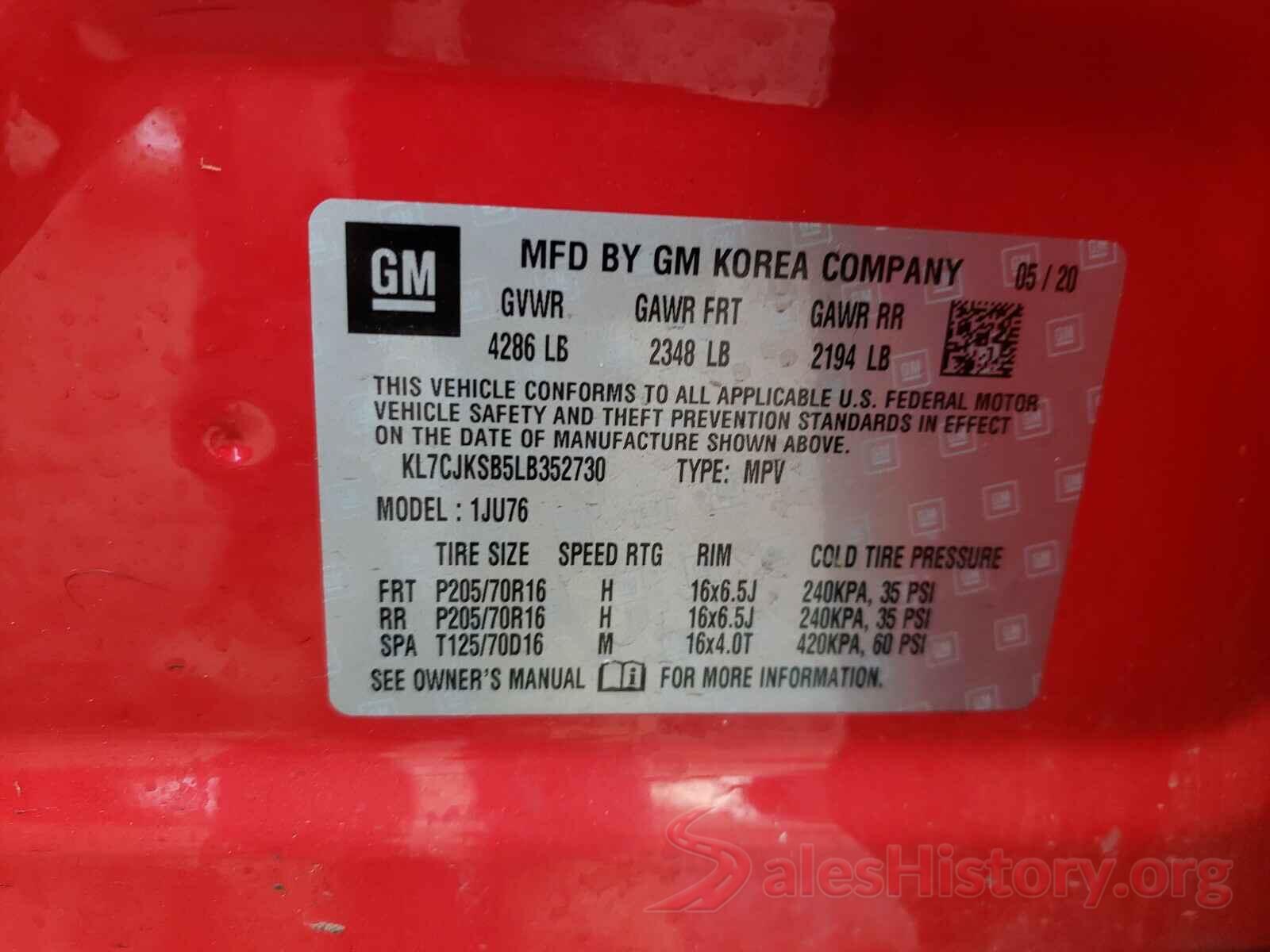 KL7CJKSB5LB352730 2020 CHEVROLET TRAX