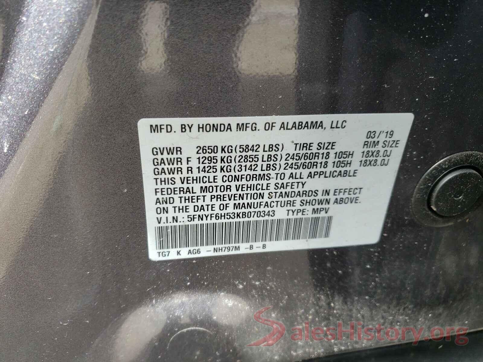 5FNYF6H53KB070343 2019 HONDA PILOT