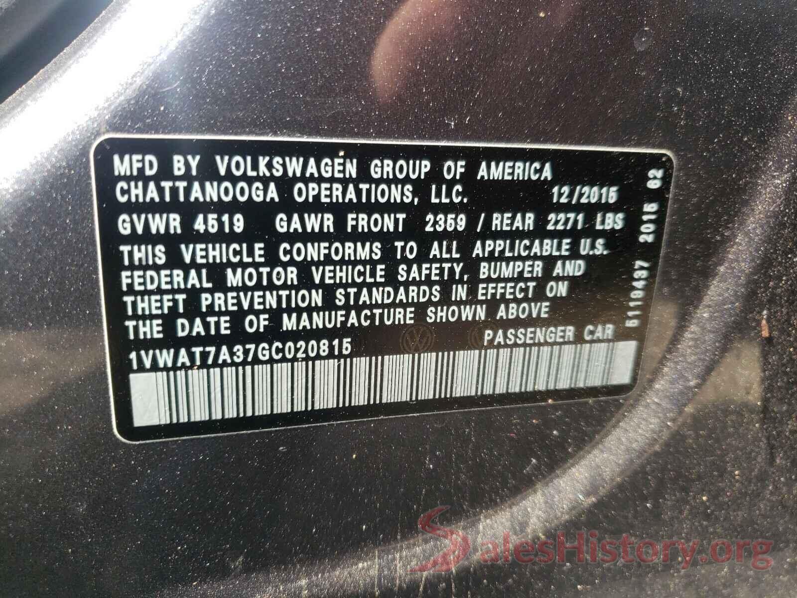 1VWAT7A37GC020815 2016 VOLKSWAGEN PASSAT