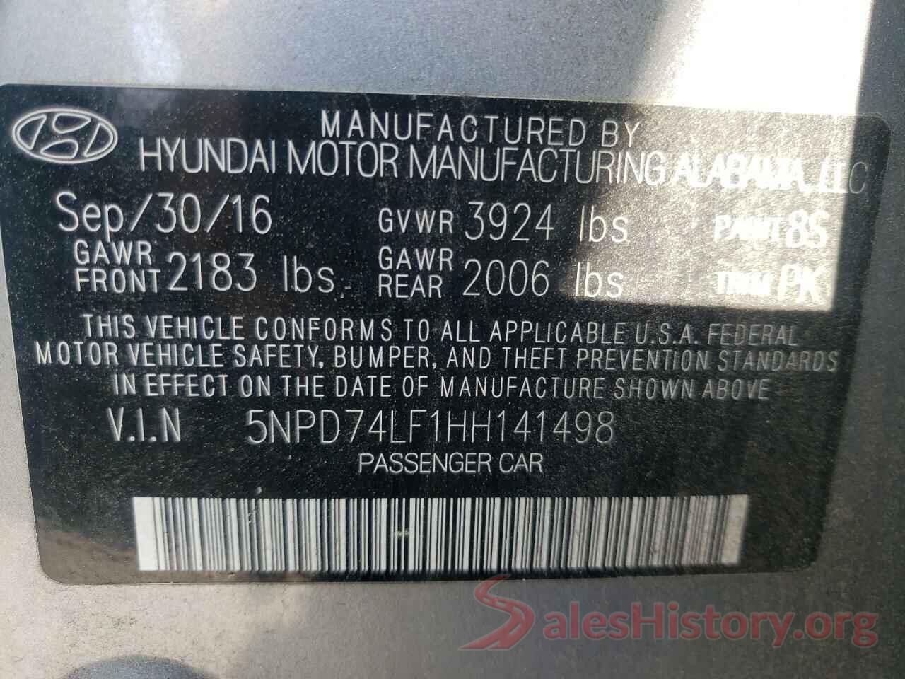 5NPD74LF1HH141498 2017 HYUNDAI ELANTRA