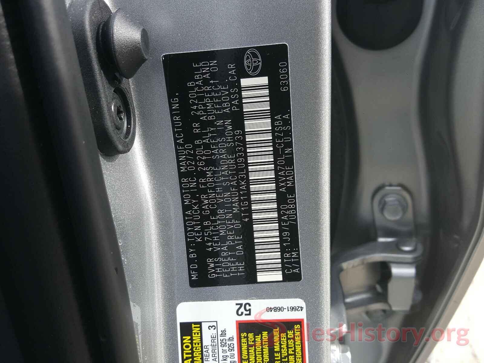 4T1G11AK3LU933739 2020 TOYOTA CAMRY