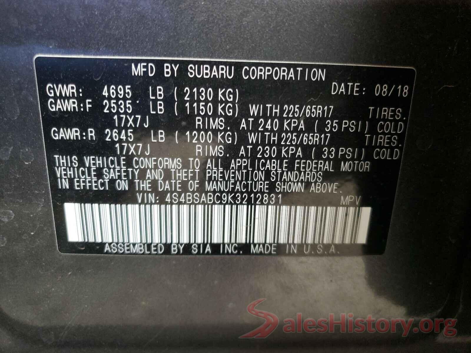 4S4BSABC9K3212831 2019 SUBARU OUTBACK