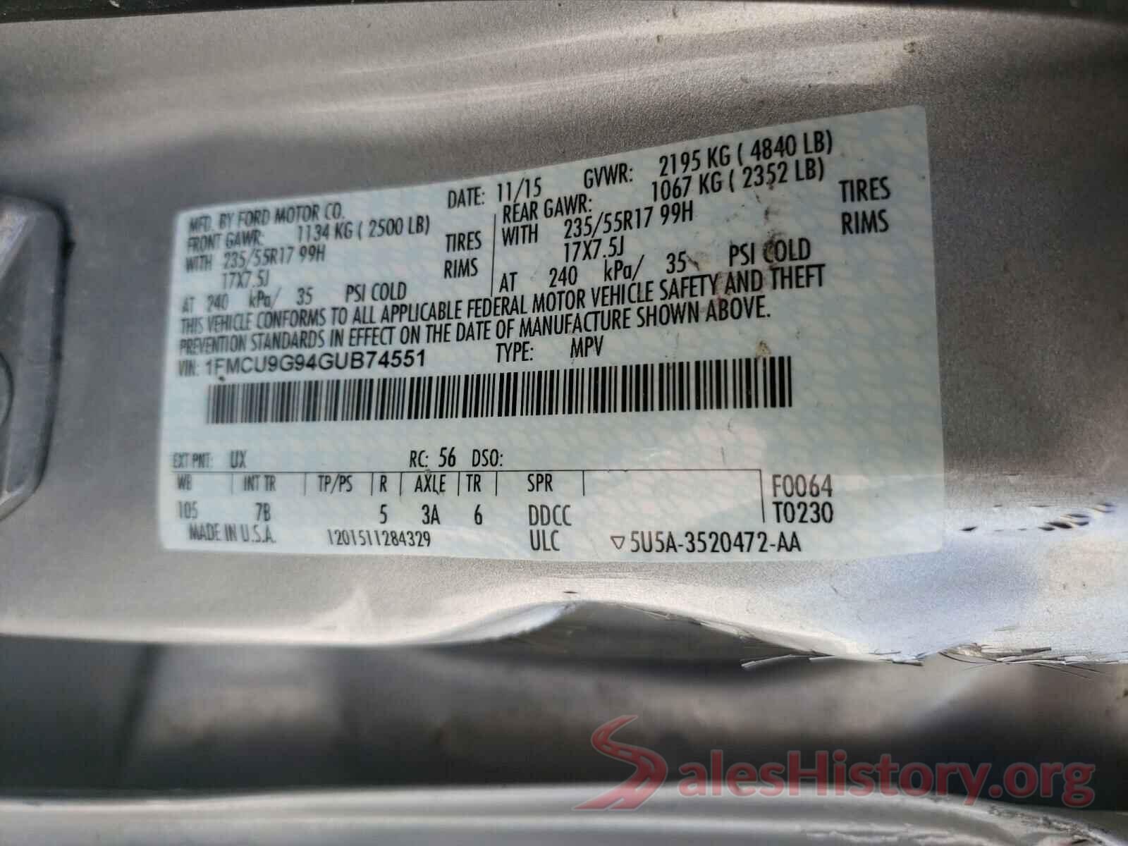 1FMCU9G94GUB74551 2016 FORD ESCAPE