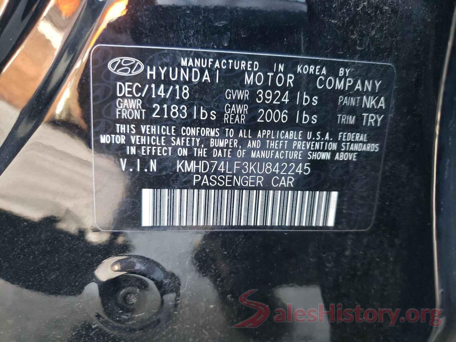 KMHD74LF3KU842245 2019 HYUNDAI ELANTRA