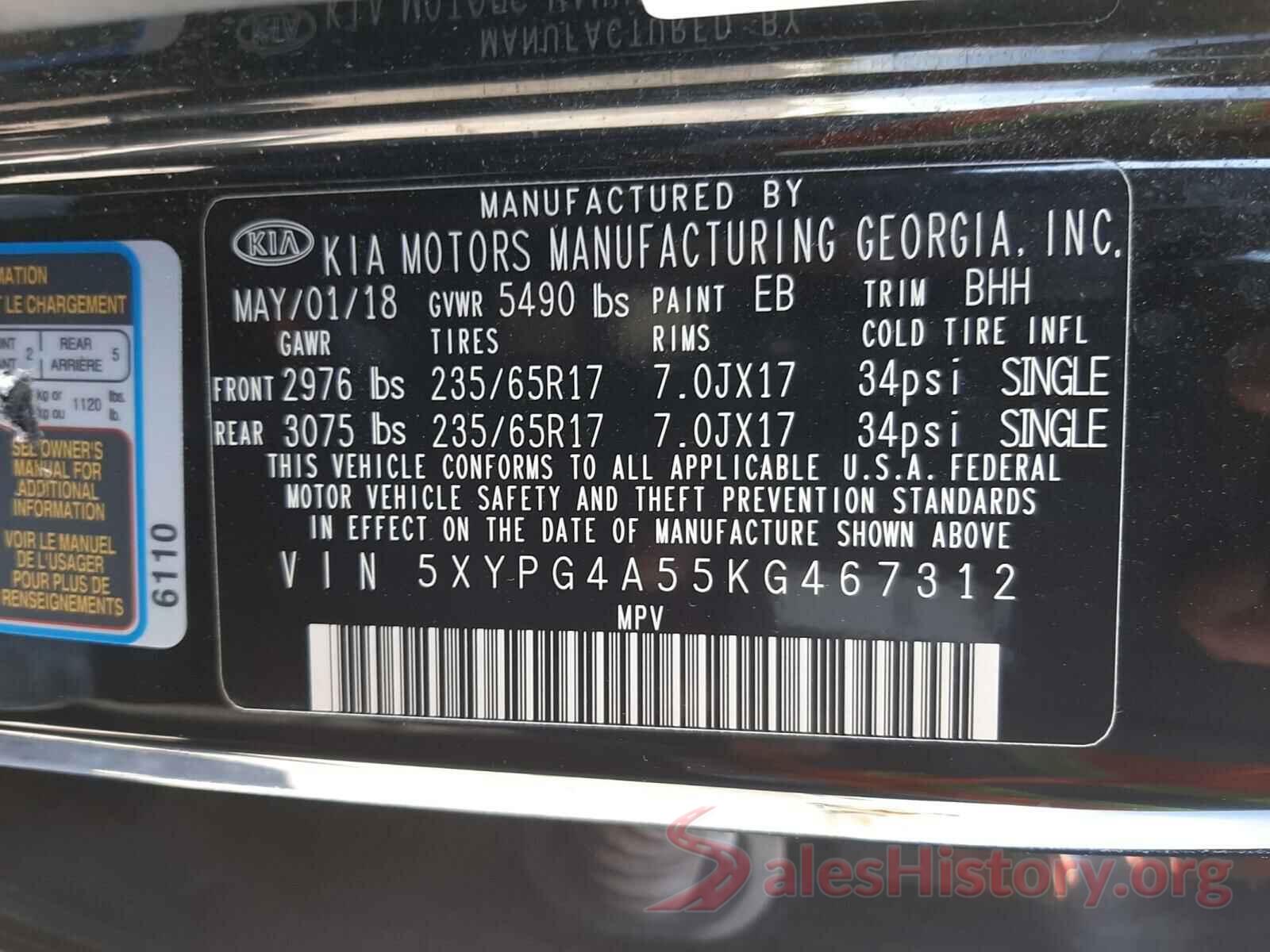 5XYPG4A55KG467312 2019 KIA SORENTO