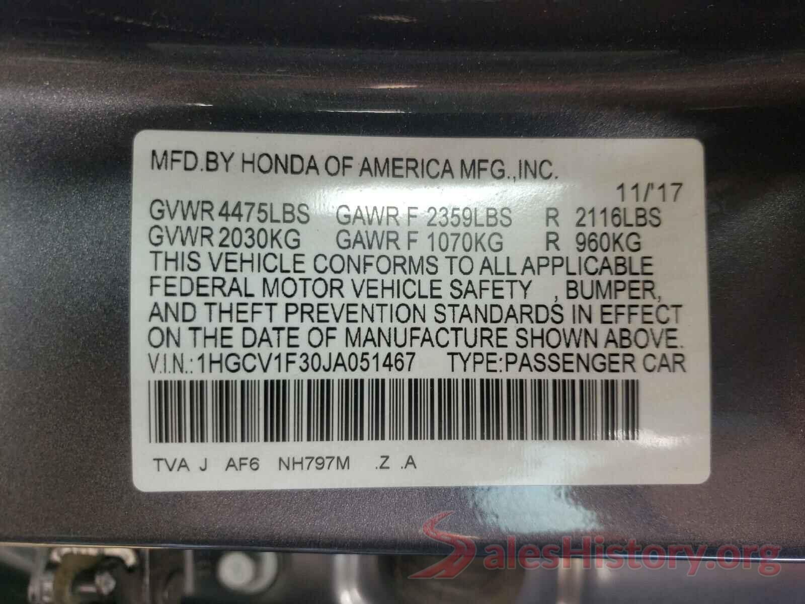 1HGCV1F30JA051467 2018 HONDA ACCORD