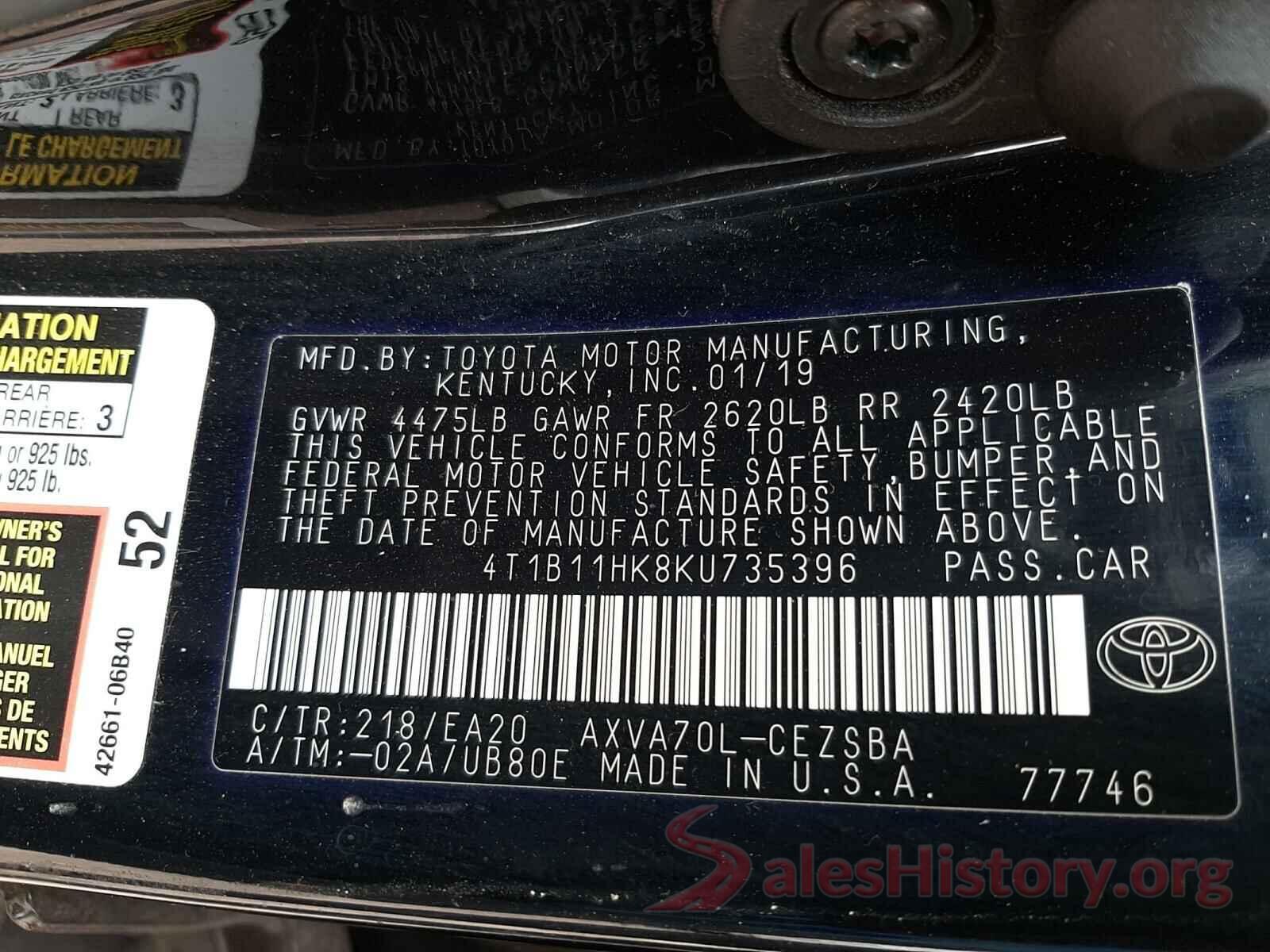 4T1B11HK8KU735396 2019 TOYOTA CAMRY