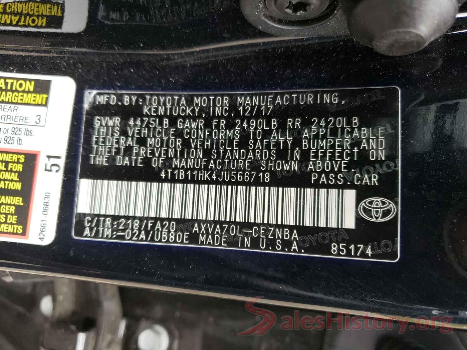 4T1B11HK4JU566718 2018 TOYOTA CAMRY