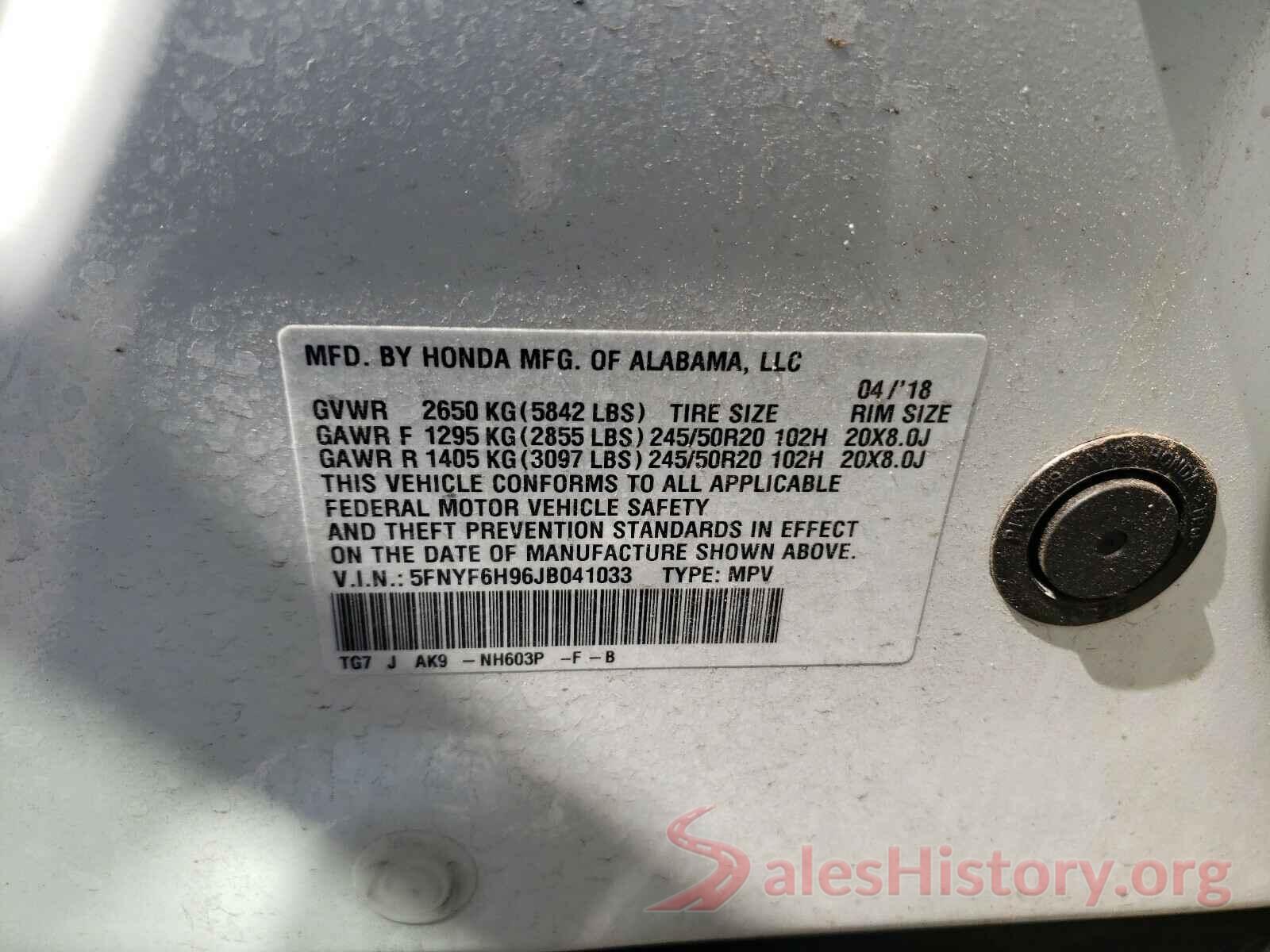 5FNYF6H96JB041033 2018 HONDA PILOT