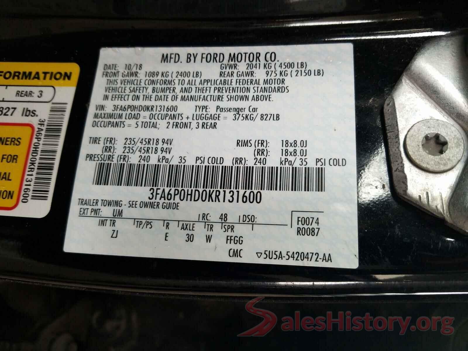 3FA6P0HD0KR131600 2019 FORD FUSION