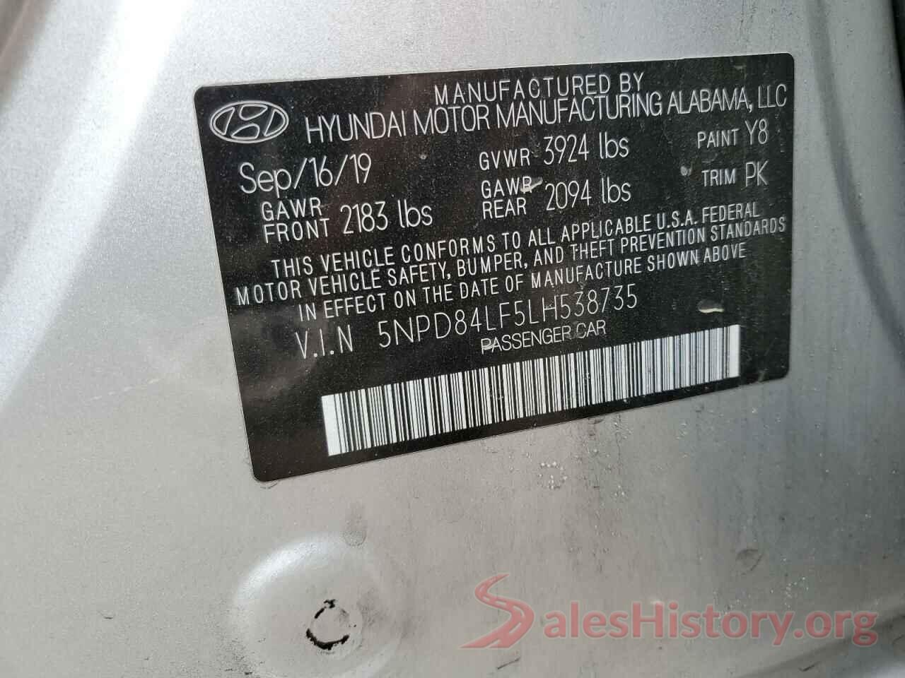 5NPD84LF5LH538735 2020 HYUNDAI ELANTRA