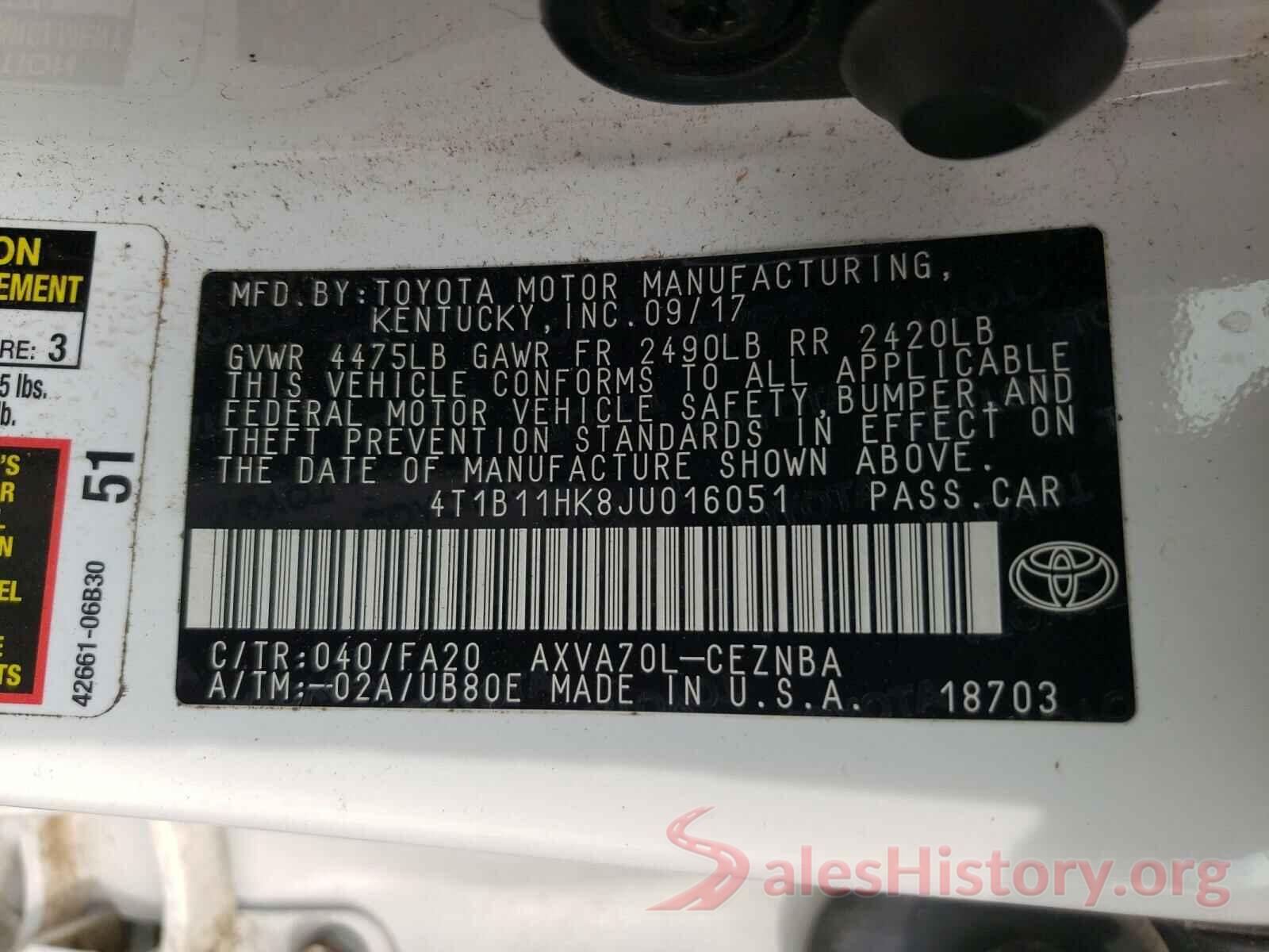 4T1B11HK8JU016051 2018 TOYOTA CAMRY