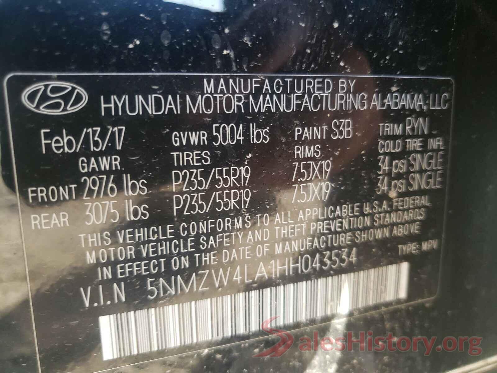 5NMZW4LA1HH043534 2017 HYUNDAI SANTA FE