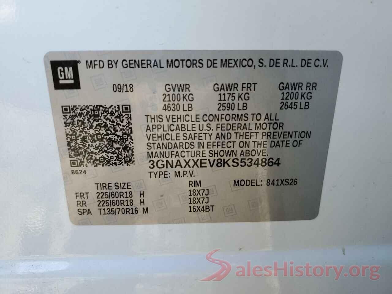 3GNAXXEV8KS534864 2019 CHEVROLET EQUINOX