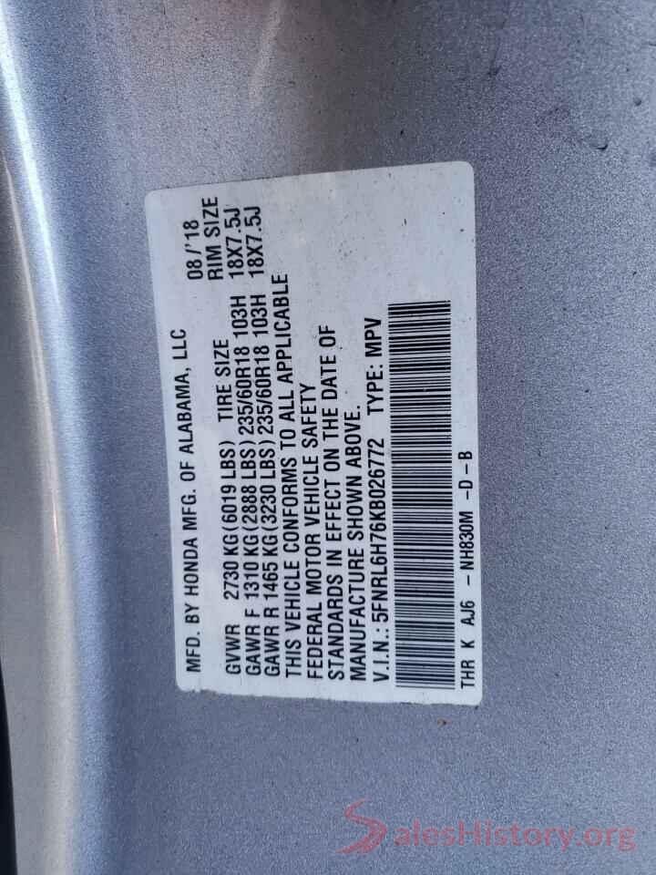 5FNRL6H76KB026772 2019 HONDA ODYSSEY