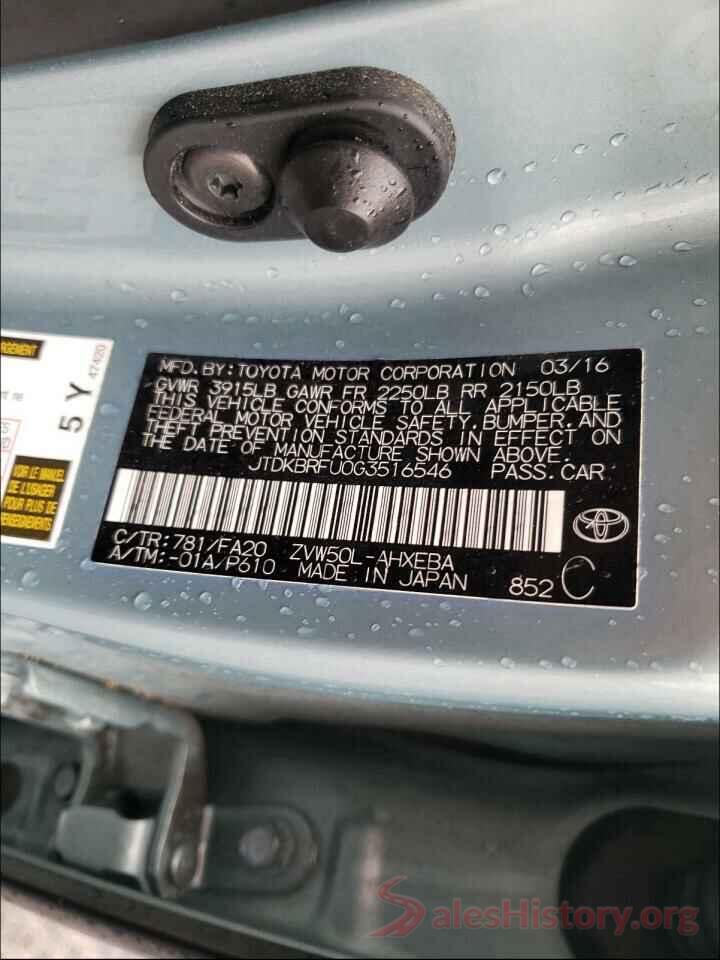 JTDKBRFU0G3516546 2016 TOYOTA PRIUS