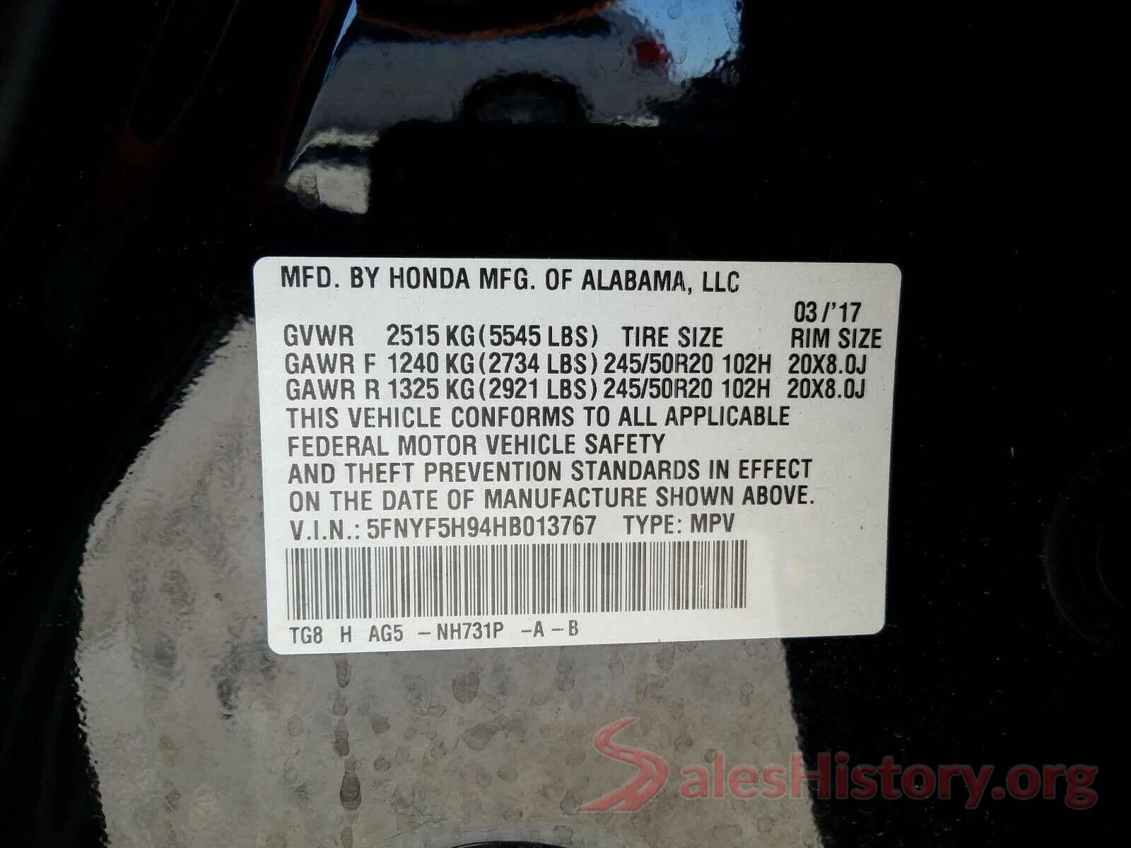 5FNYF5H94HB013767 2017 HONDA PILOT