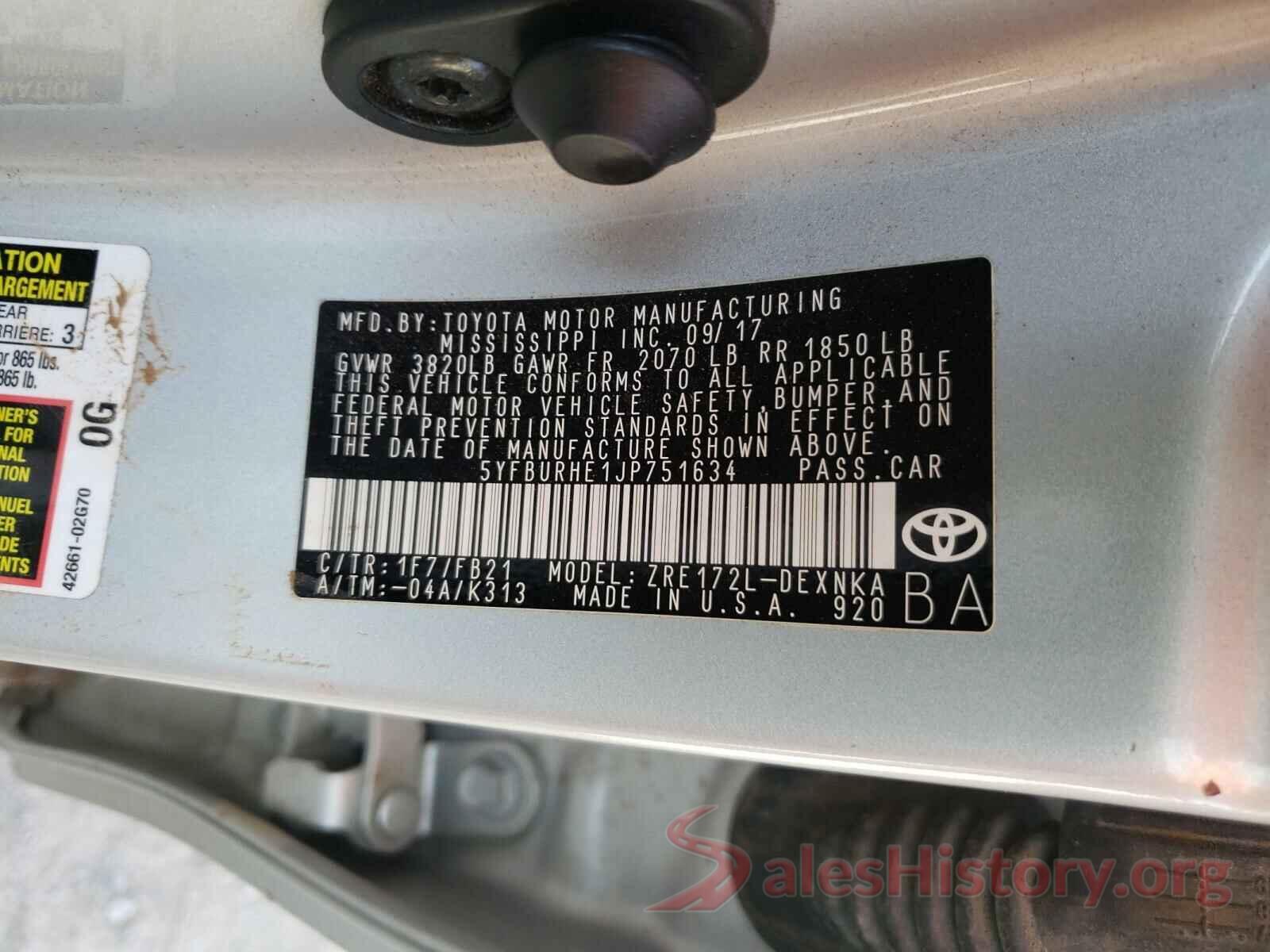 5YFBURHE1JP751634 2018 TOYOTA COROLLA