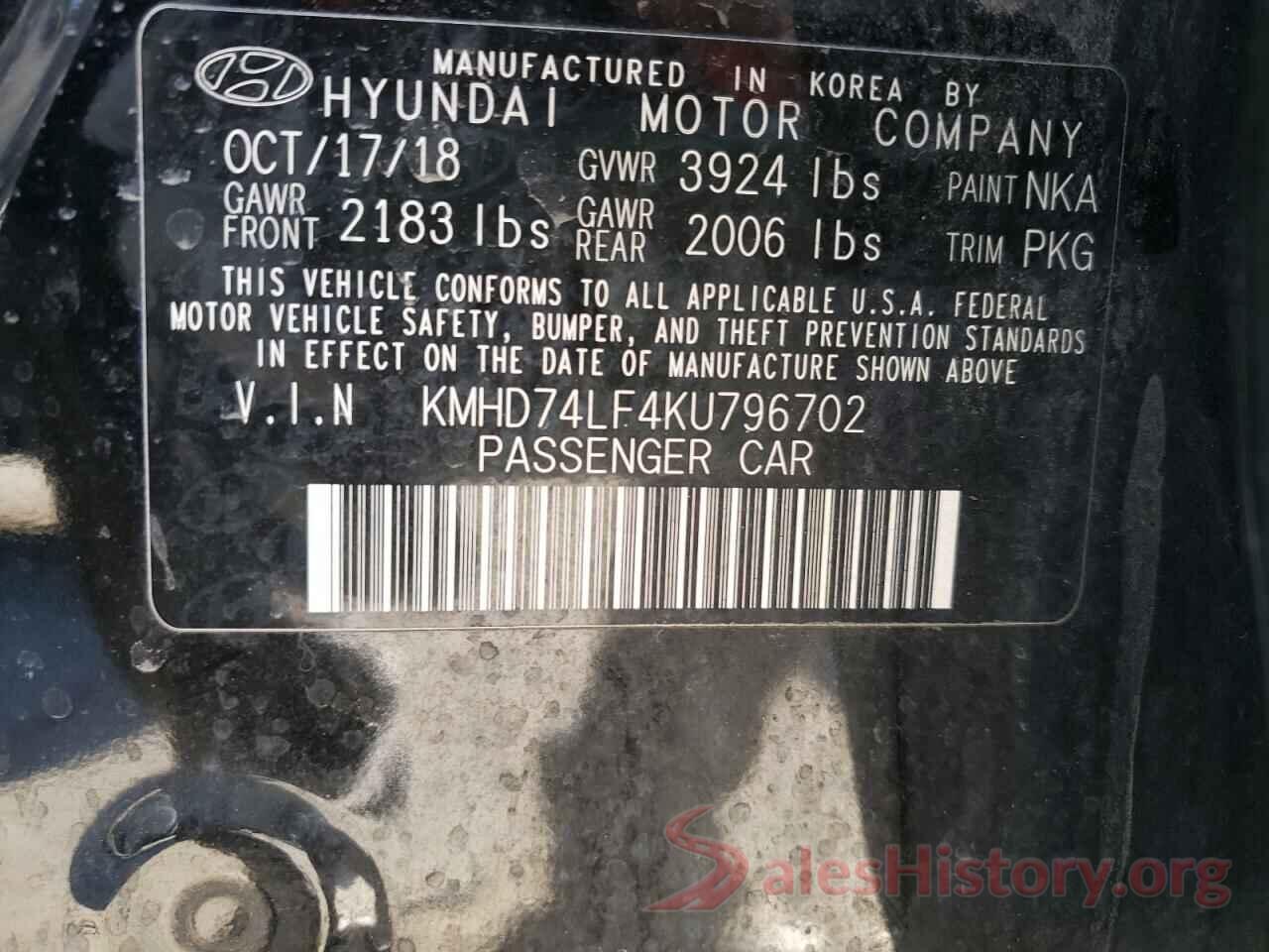 KMHD74LF4KU796702 2019 HYUNDAI ELANTRA