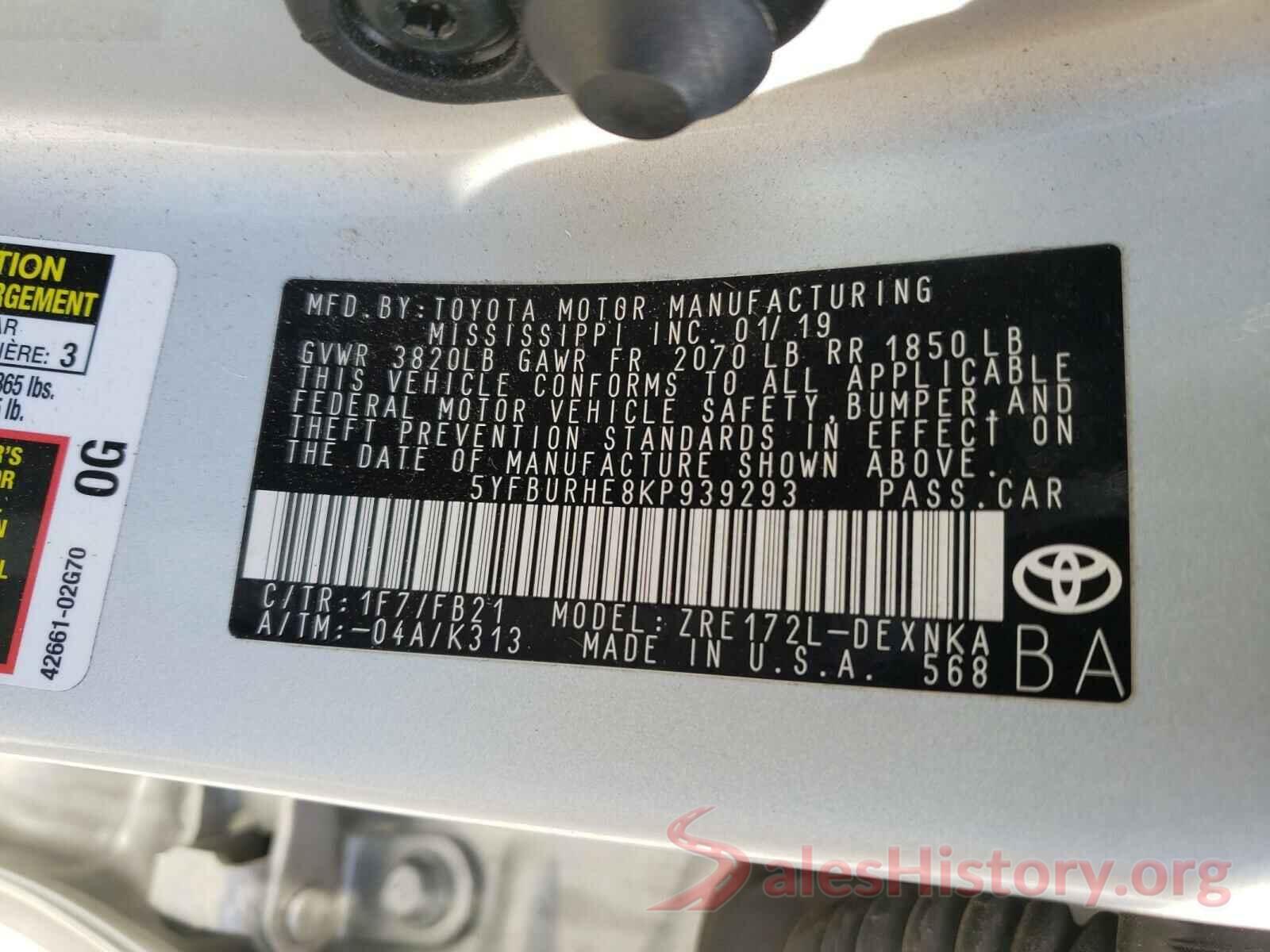 5YFBURHE8KP939293 2019 TOYOTA COROLLA