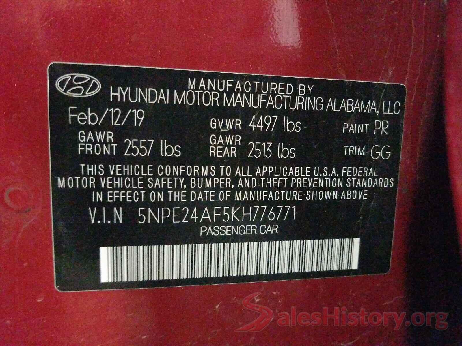 5NPE24AF5KH776771 2019 HYUNDAI SONATA