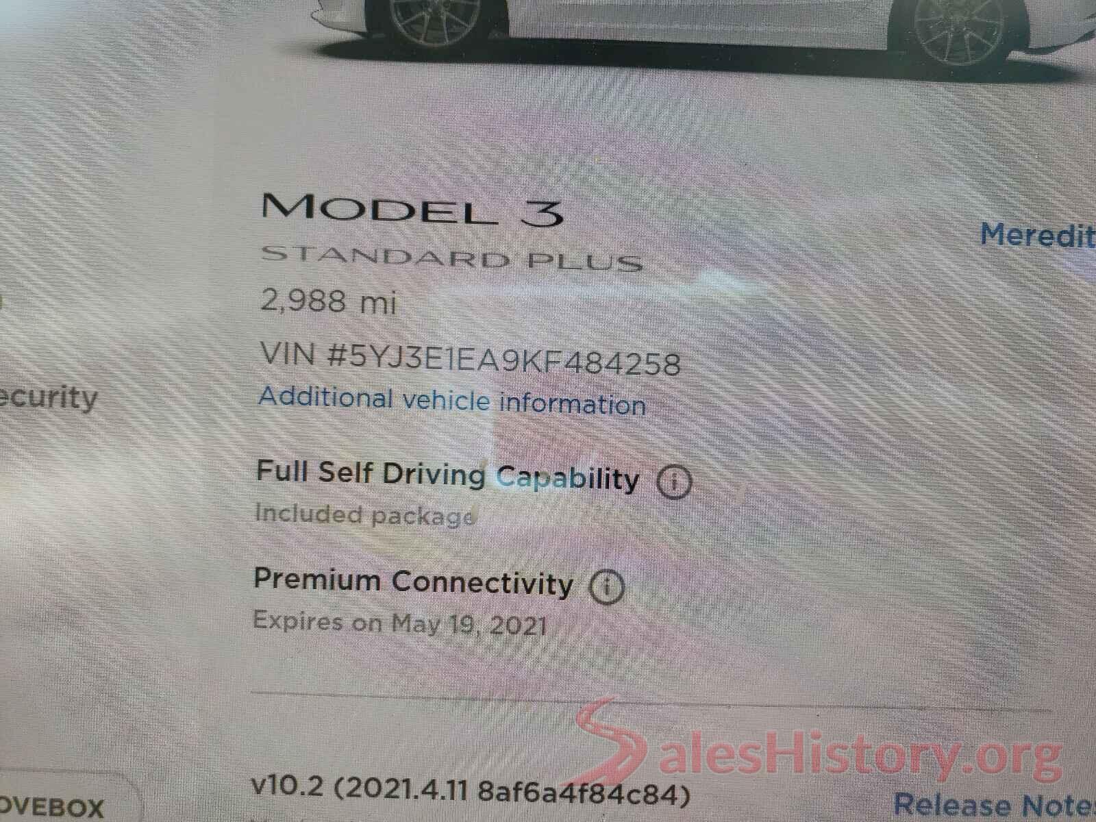 5YJ3E1EA9KF484258 2019 TESLA MODEL 3