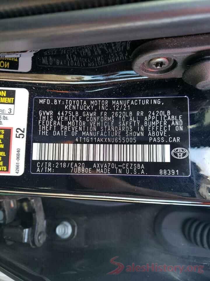 4T1G11AKXNU655005 2022 TOYOTA CAMRY