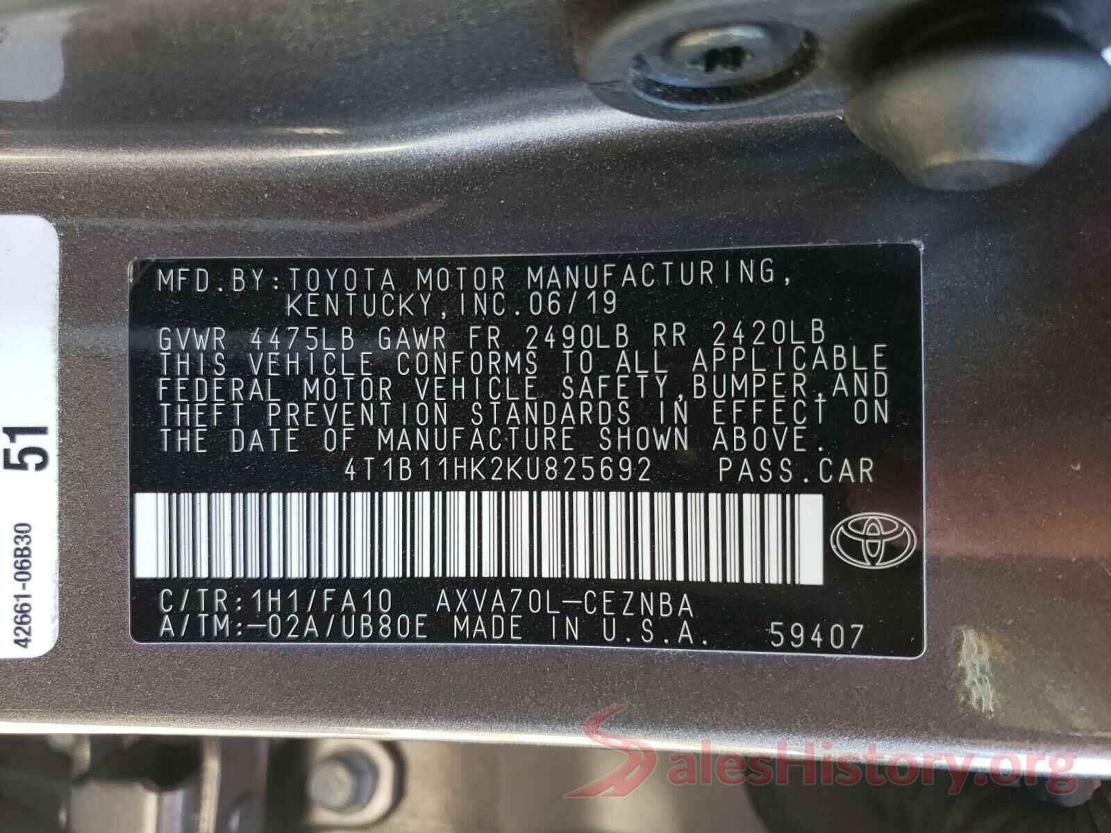 4T1B11HK2KU825692 2019 TOYOTA CAMRY