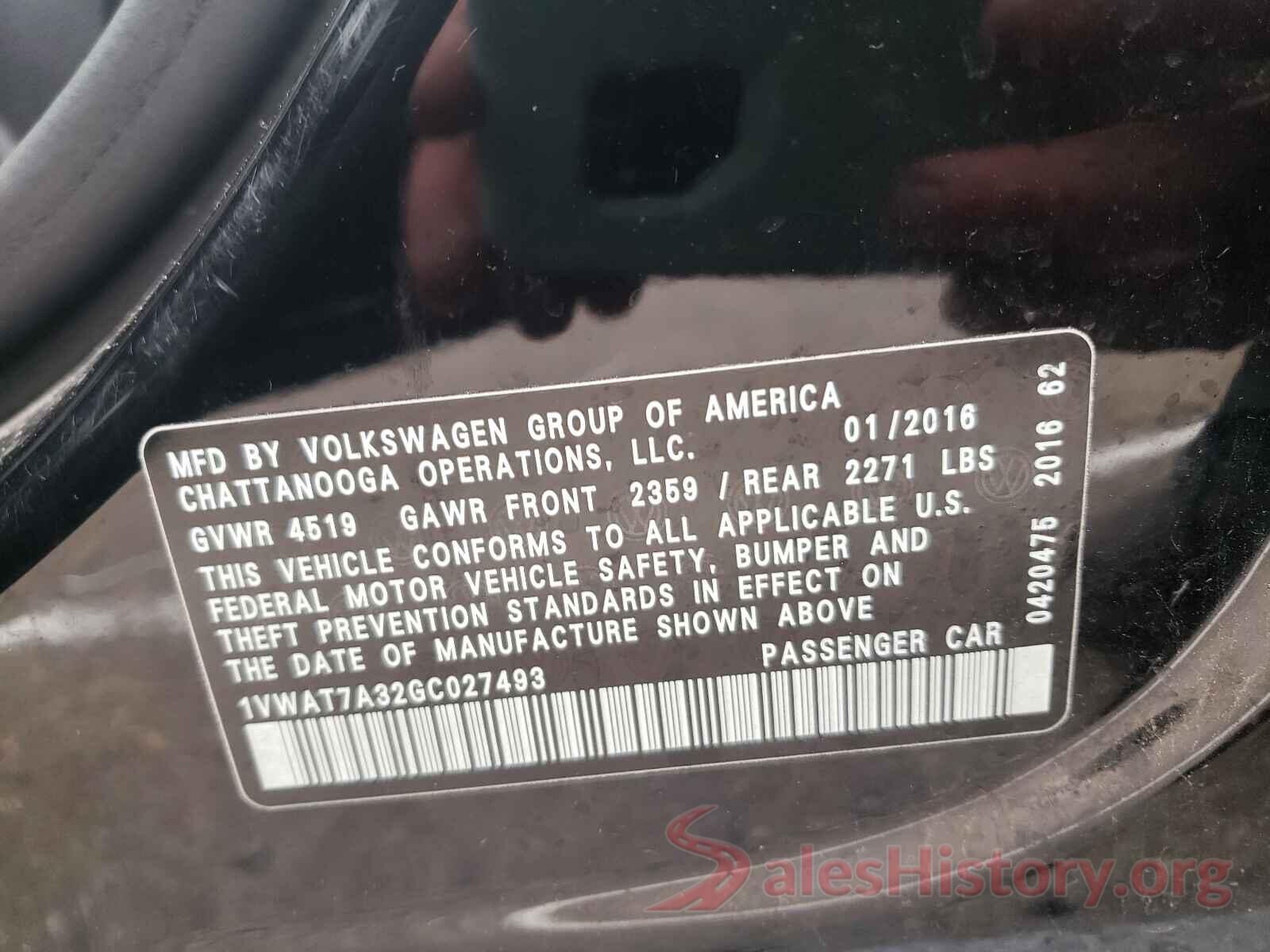 1VWAT7A32GC027493 2016 VOLKSWAGEN PASSAT