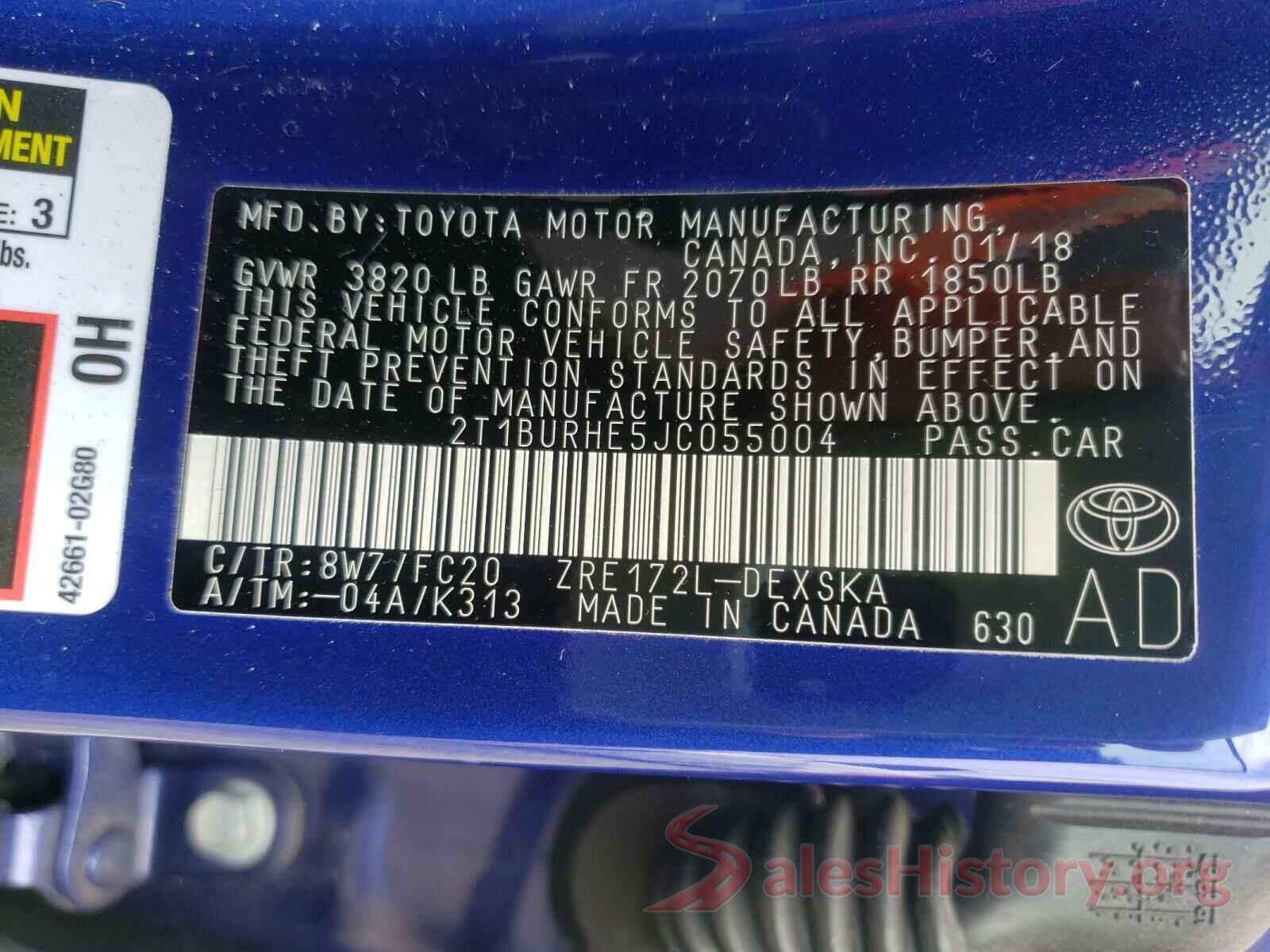 2T1BURHE5JC055004 2018 TOYOTA COROLLA