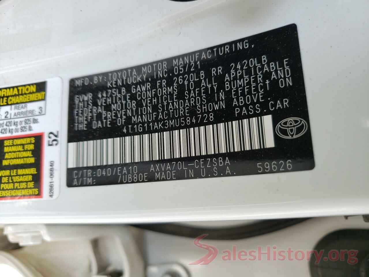 4T1G11AK3MU584728 2021 TOYOTA CAMRY