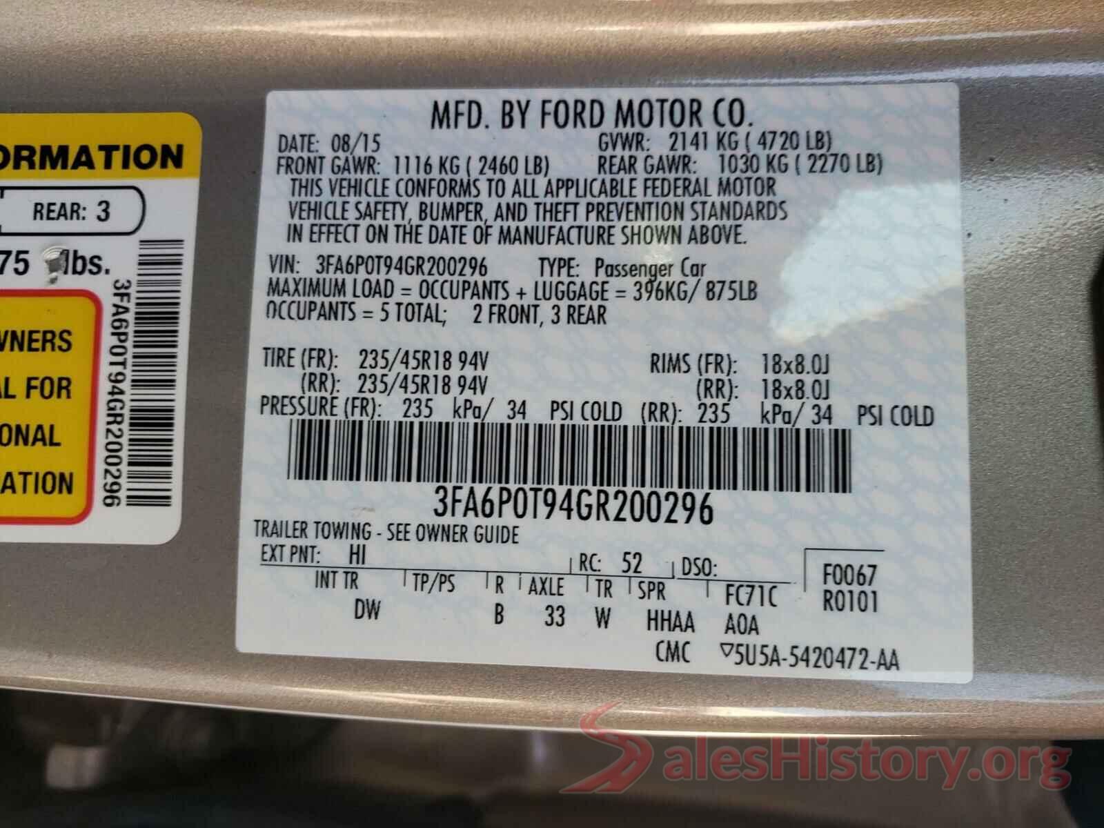 3FA6P0T94GR200296 2016 FORD FUSION